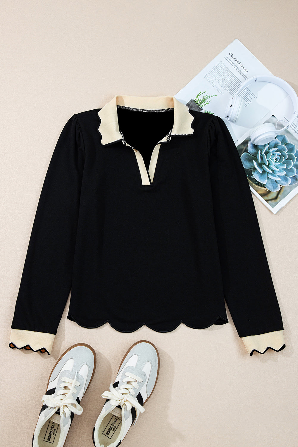 Black Scallop Trim Colorblock Long Sleeve Collared Top Long Sleeve Tops 3cb918b8d4fd4906