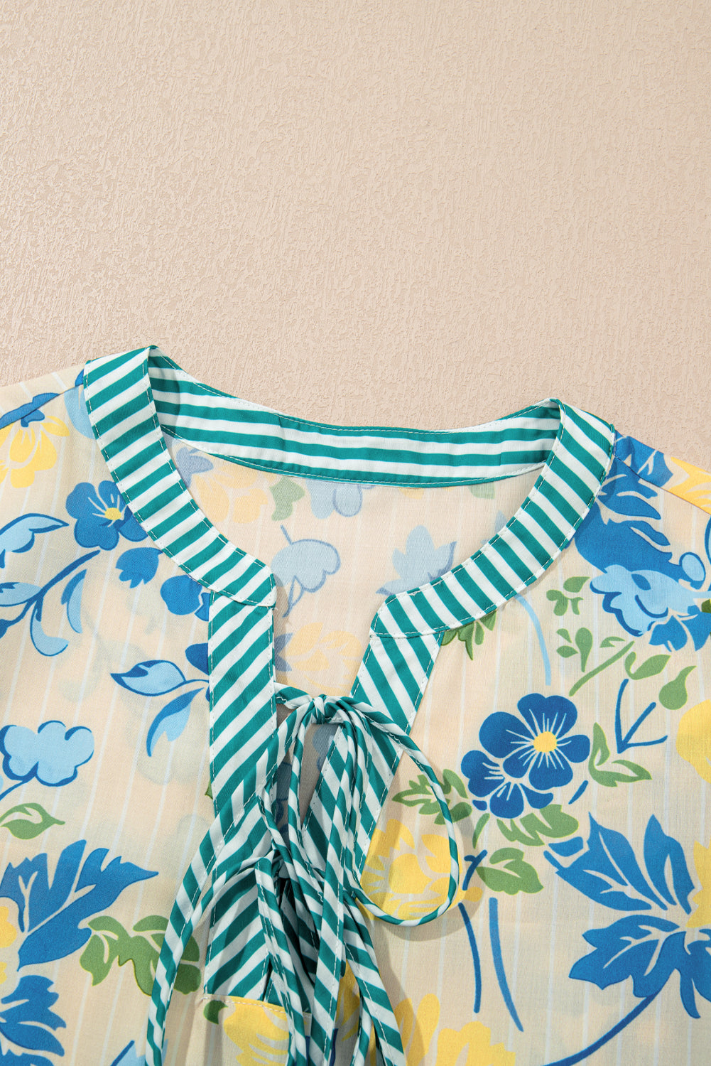 Blue Floral Print Striped Trim Puff Sleeve Mini Dress Short Dresses 3cd8fb640d666b85