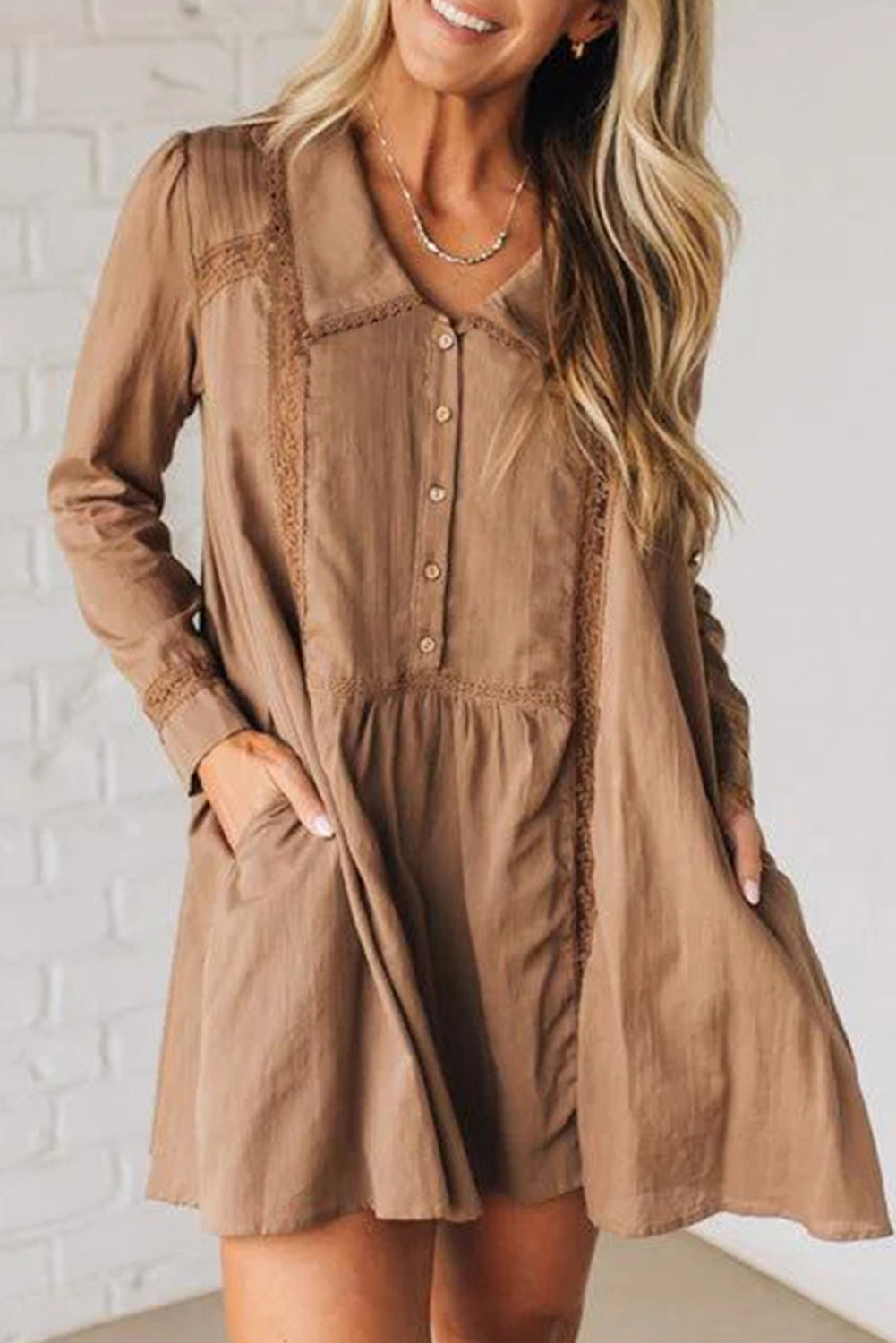 Straw Yellow Lace Trim Peter Pan Collar Long Sleeve Mini Shirt Dress Short Dresses 3cda81e398ac302f