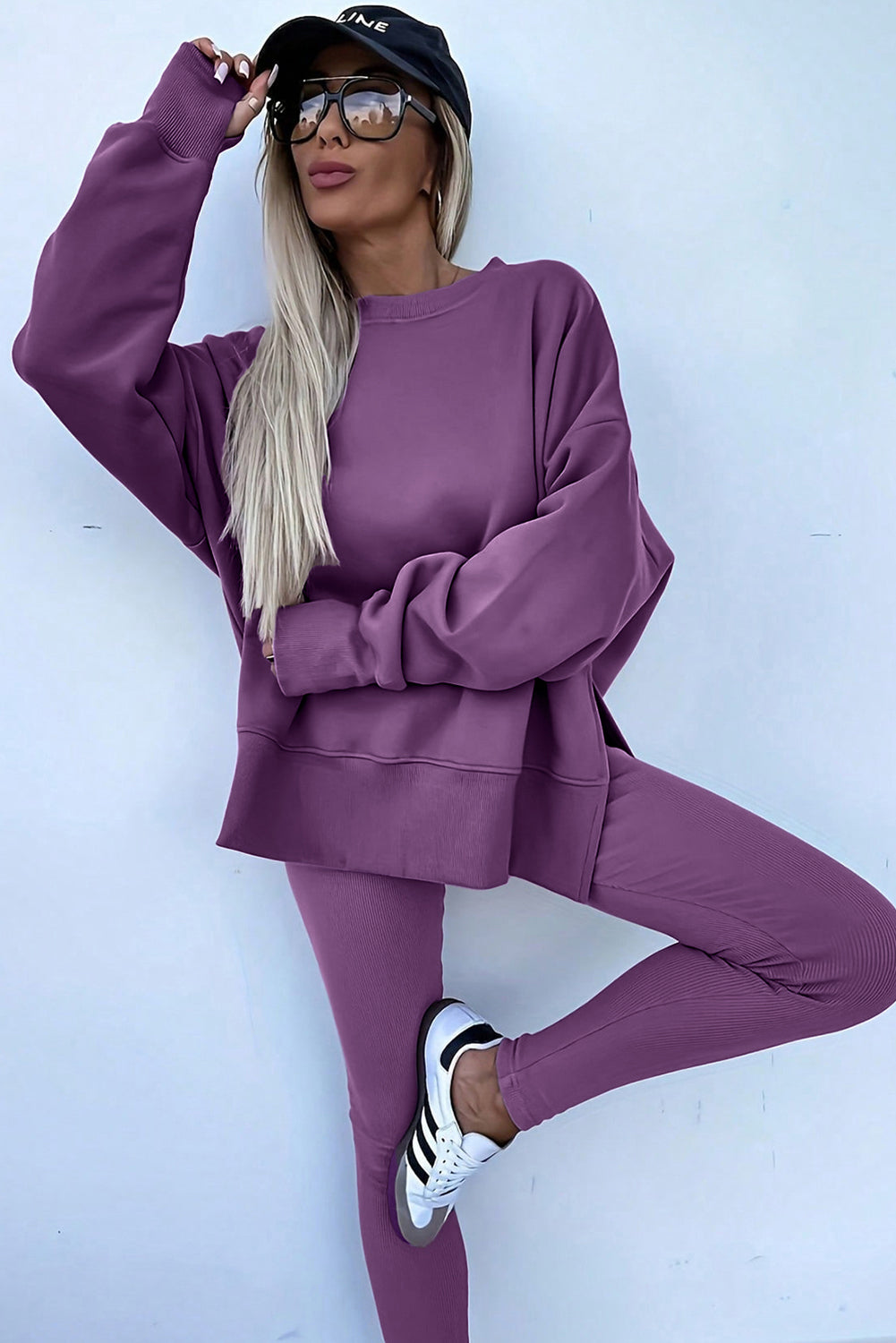 Green Bay Solid Color Oversize Slit Sweatshirt Ribbed Leggings Set Two Piece Pants Sets 3d5bbd54ef1da2a6