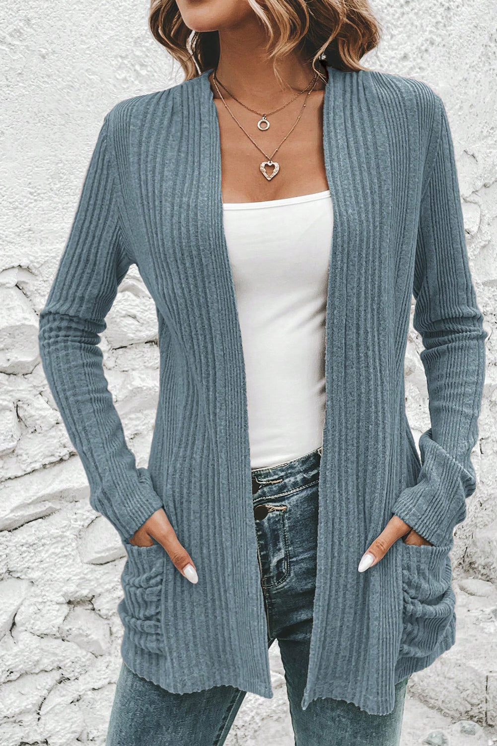 Stone Blue Ribbed Open Front Knitted Top with Pockets Cardigans 3dfd08691db95c77