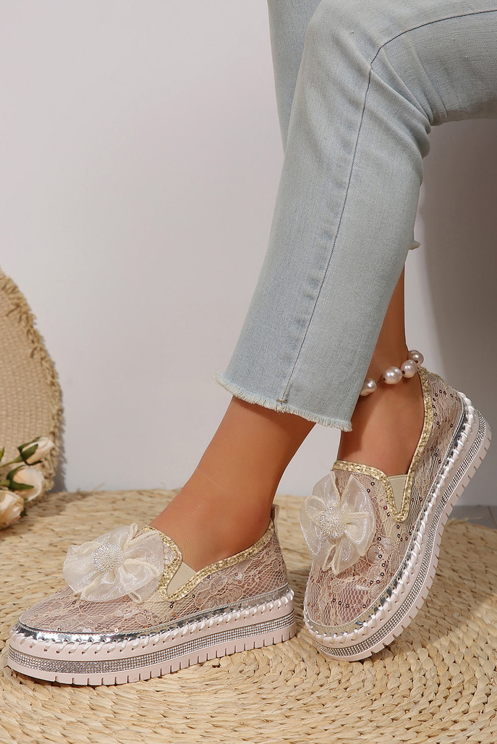 White Sequin Bow Thick Sole Casual Shoes Sneakers 3e30e9d8f1f1dfe7
