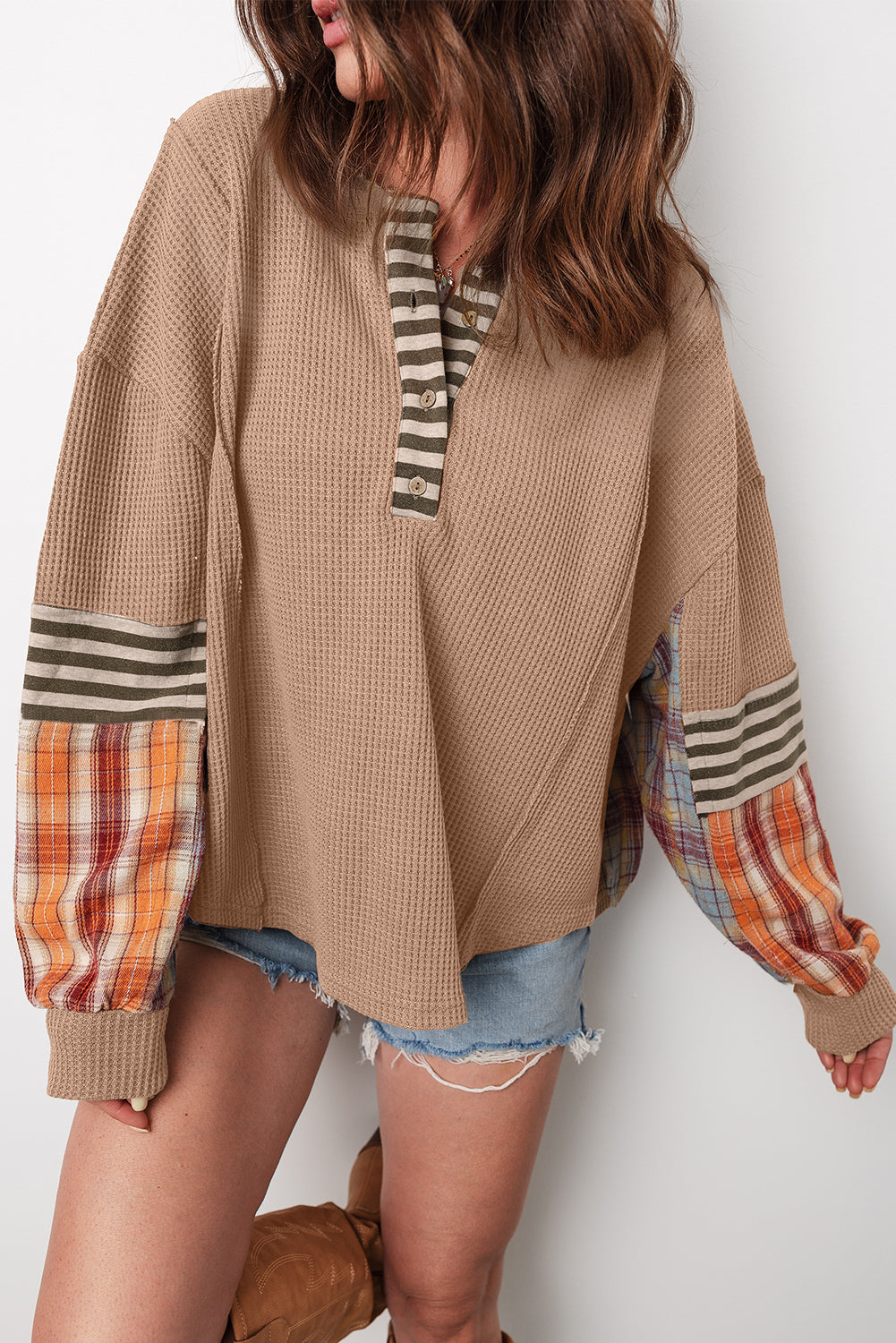 Beige Waffle Stripe Plaid Patchwork Henley Top Long Sleeve Tops 3e321b4e28594d3a