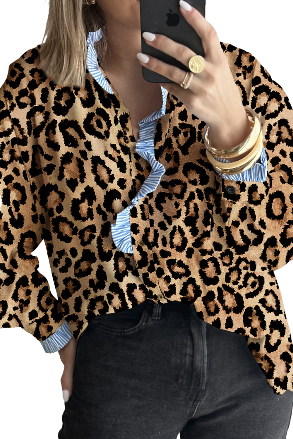Brown Leopard Print Striped Frill Neck Button Long Sleeve Shirt Blouses 3e340b650e579e32