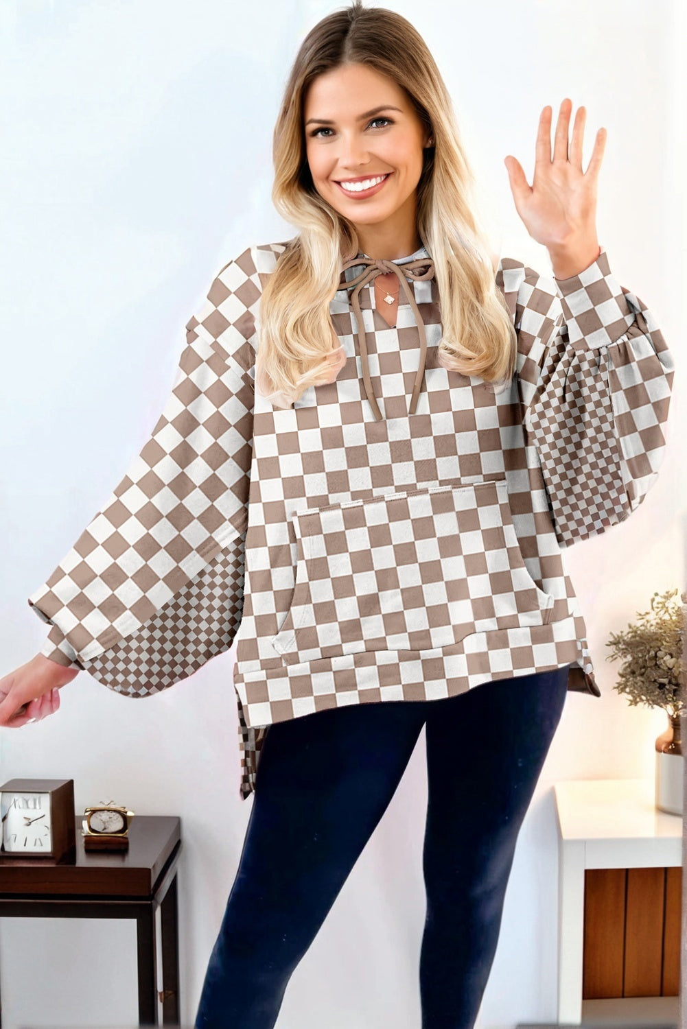 Khaki Double Checkered Patchwork Tie Neck Oversize Hoodie Sweatshirts & Hoodies 3e821c317180ae3f