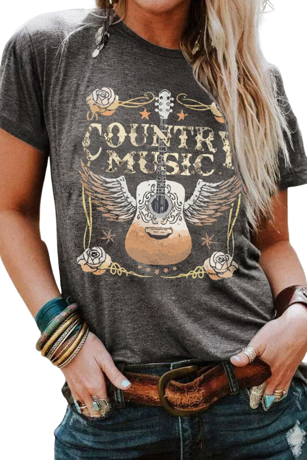 Gray COUNTRY MUSIC Guitar Graphic Print Crew Neck T Shirt Graphic Tees 3e8dfd3590753fbe