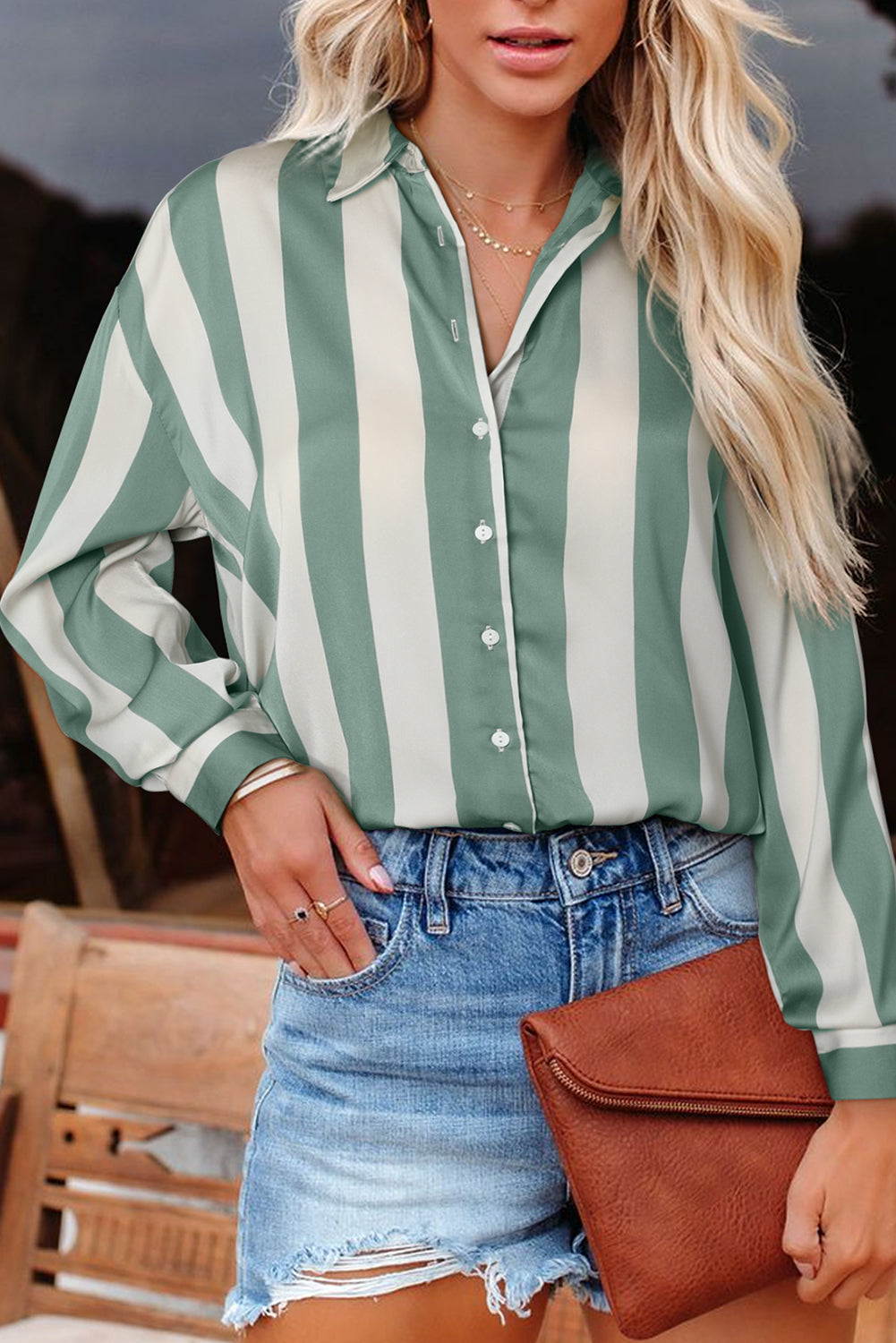 Green Striped Soft Relaxed Button Up Shirt Blouses 3e8e304c8bd7fecb