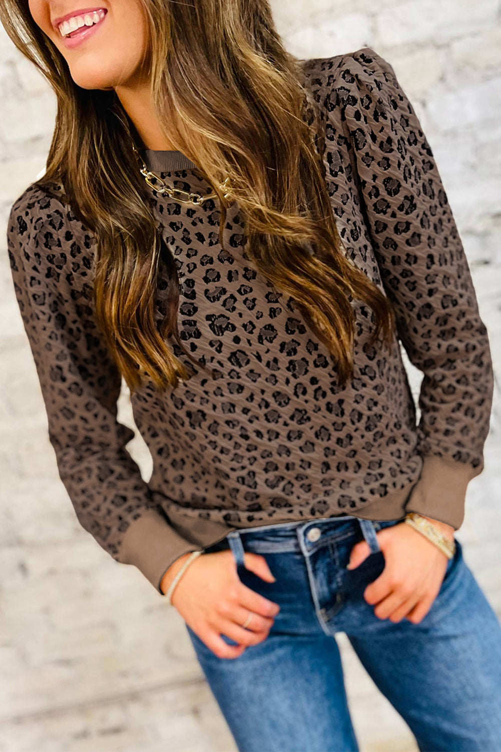 Brown Ribbed Trim Leopard Print Long Sleeve Top Long Sleeve Tops 3ed6729a0132cfb9