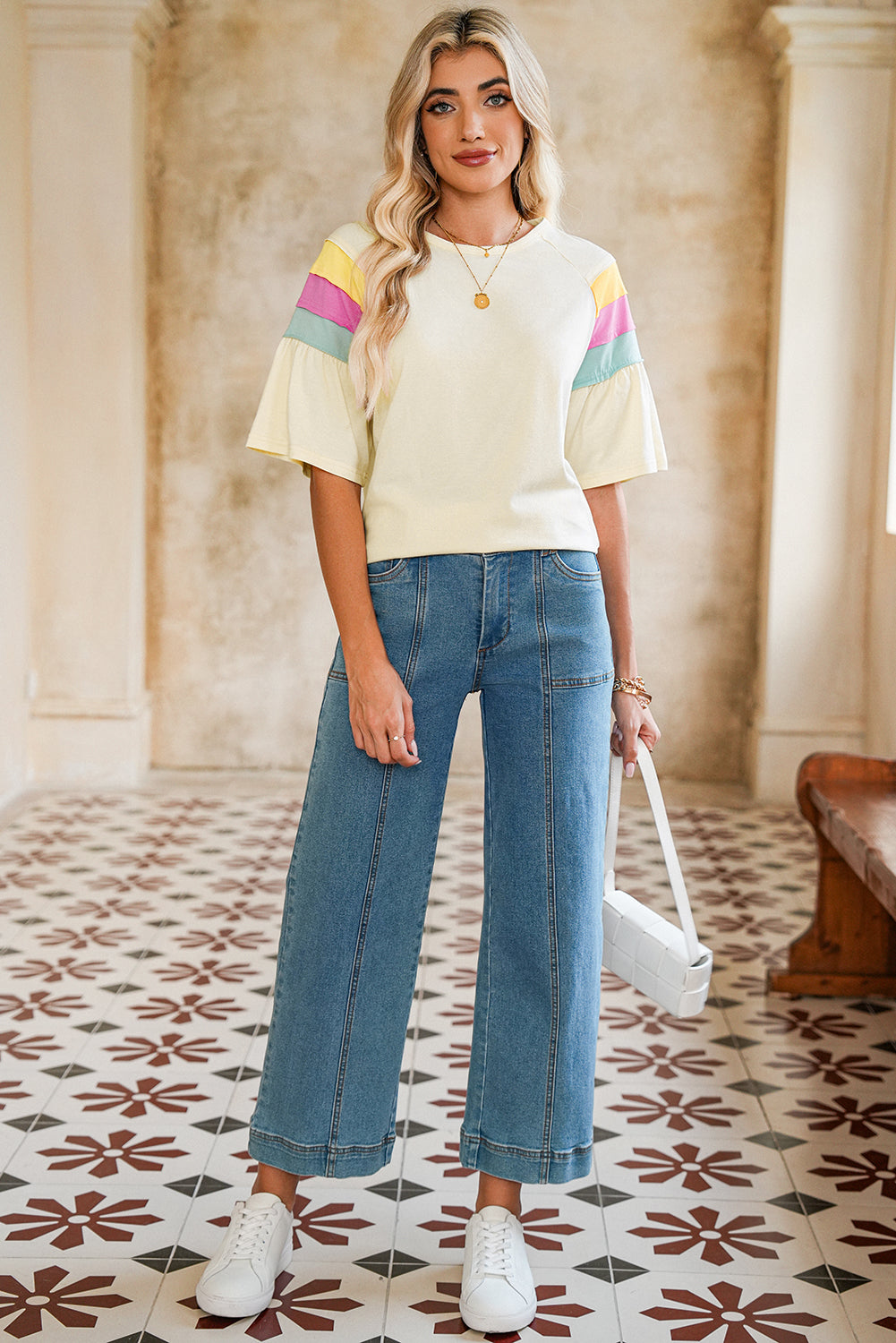 White Colorblock Short Sleeve Round Neck T-Shirt T Shirts 3eed1b3e34d36e80