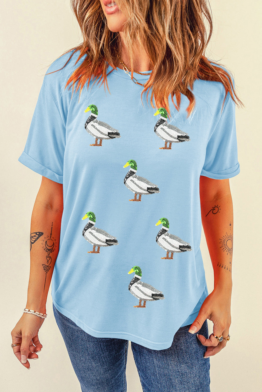 Light Blue Mallard Duck Graphic Sequins Patch Casual Tee Graphic Tees 3f0a3113c8e6f405
