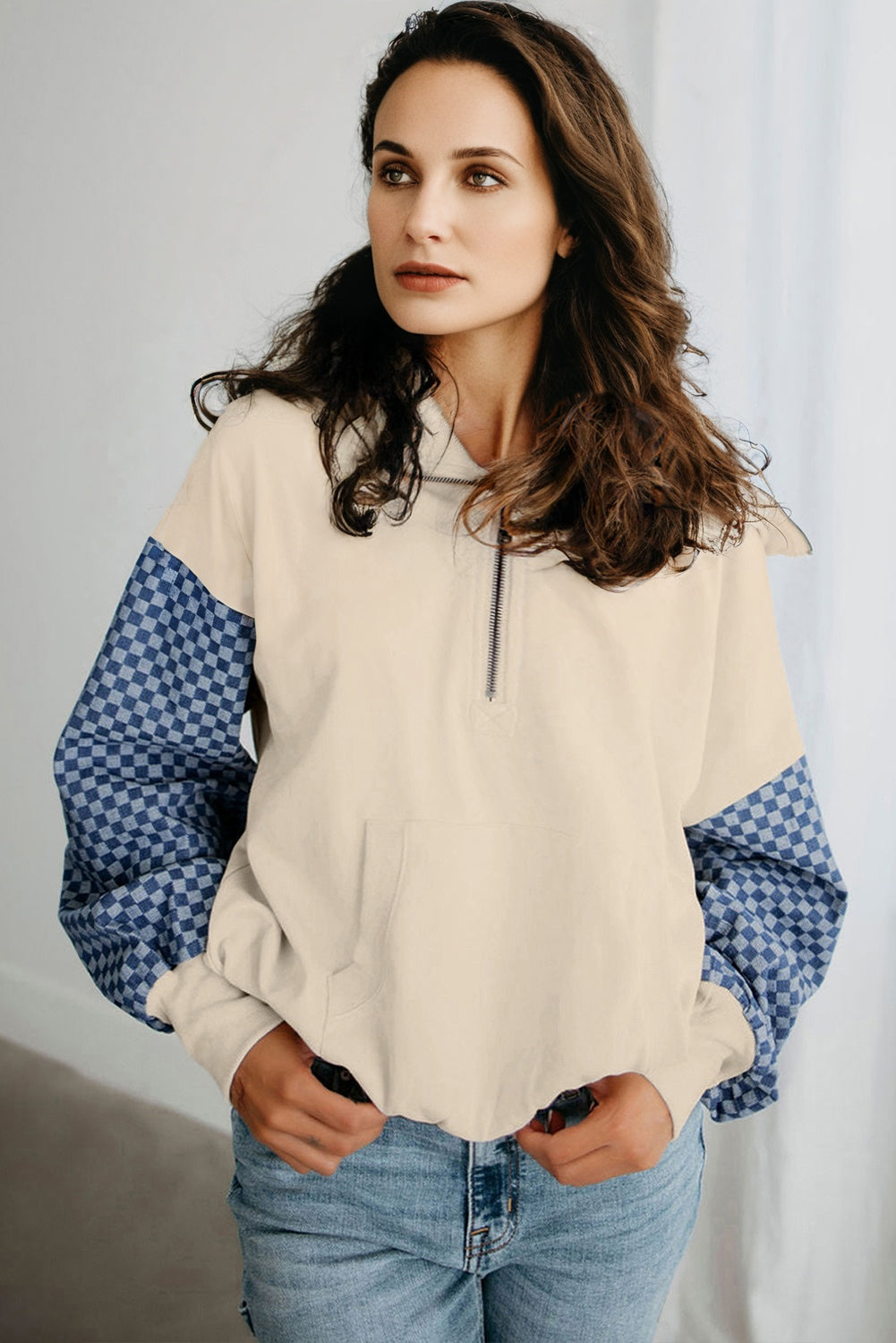 Parchment Checkered Patchwork Kangaroo Pocket Half Zipper Hoodie Sweatshirts & Hoodies 3f503b8eaef72ed0