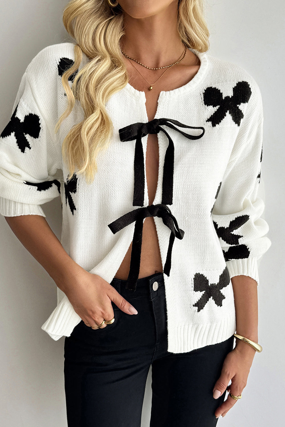 White Lace-Up Front Bow Pattern Round Neck Knit Cardigan Cardigans 3feac85432c19e5a