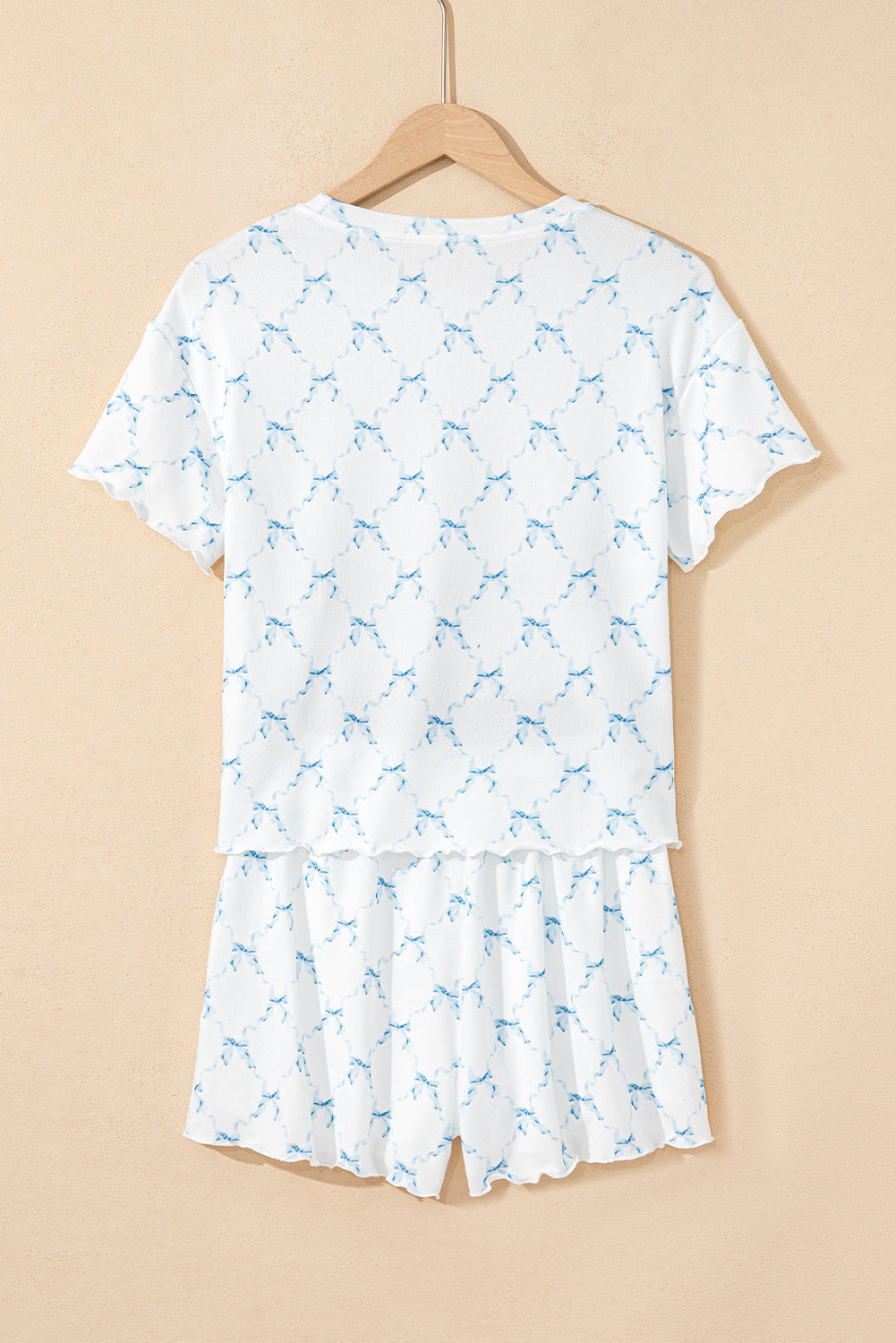 Pink Bowknot Print Lettuce Trim Two Piece Pajama Set Loungewear Set 400cf1a8b4a60936