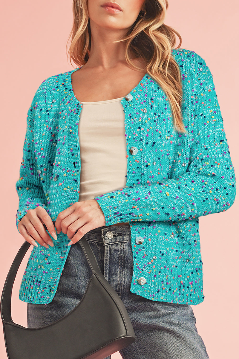 Aruba Blue Confetti Knit Button Cardigan Cardigans 404bcc1a94e48b13