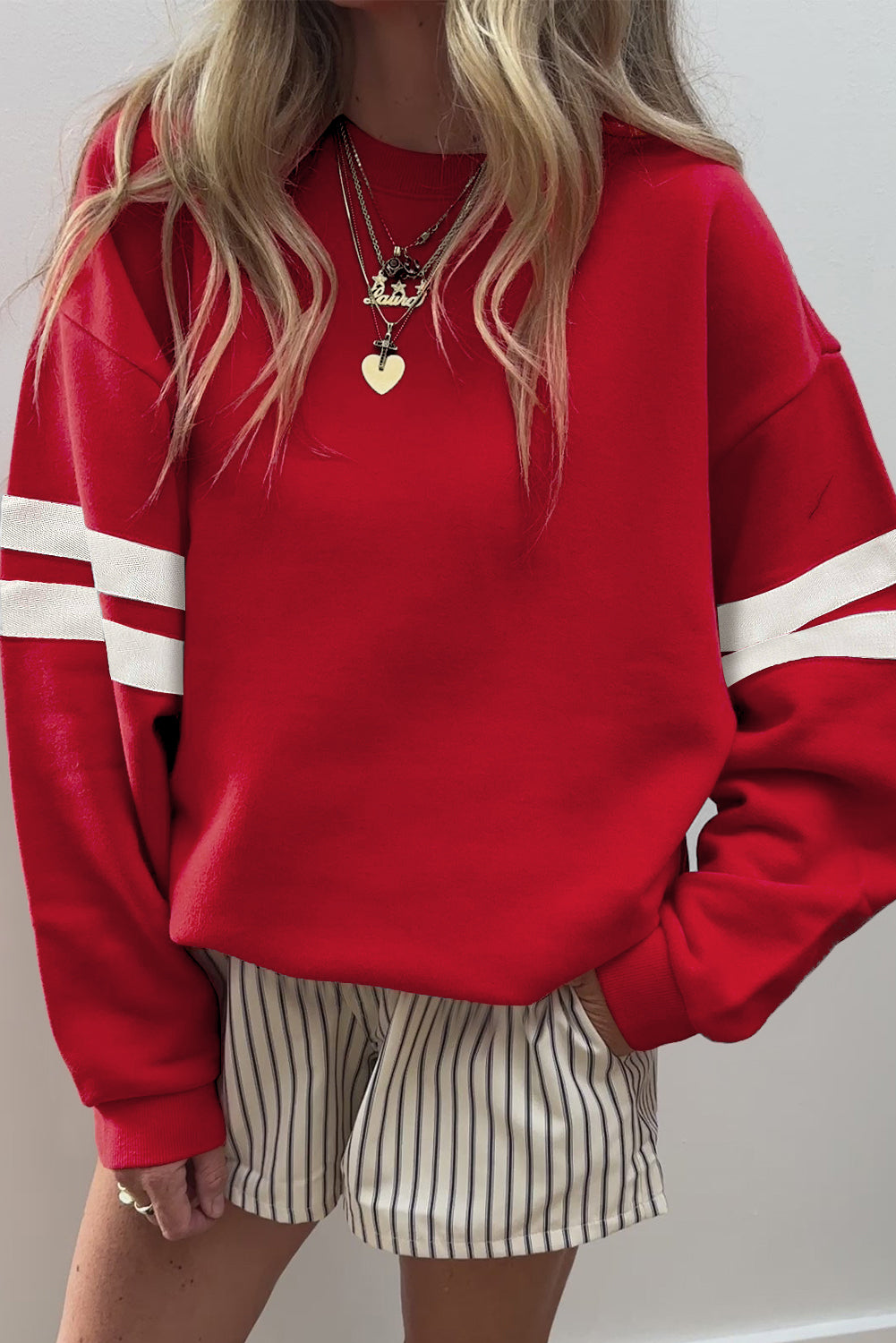 White Preppy Striped Sleeve Loose Sweatshirt Sweatshirts & Hoodies 4055d825e98ceae5