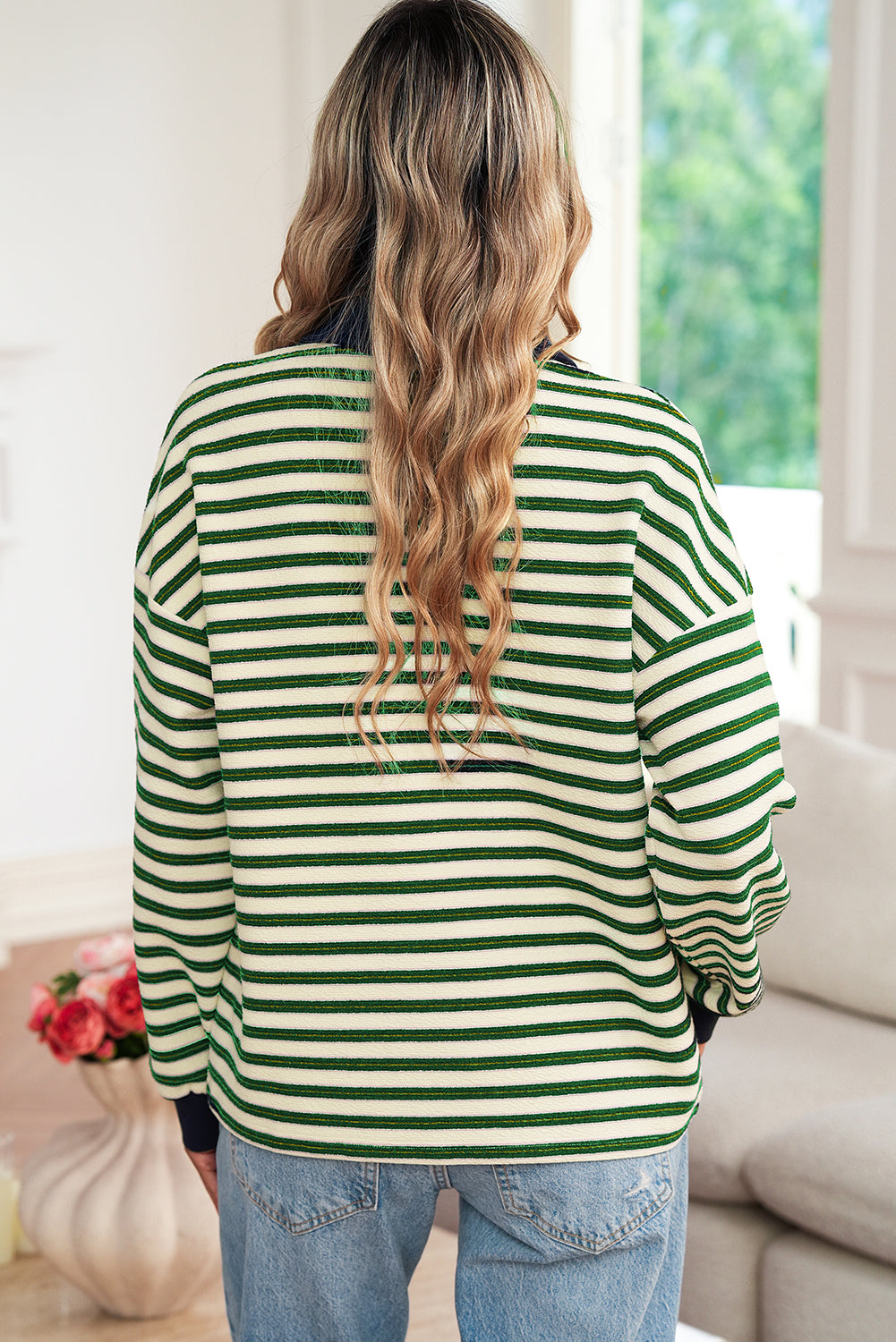 Dark Green Pop of Color V Neck Striped Long Sleeve Top Long Sleeve Tops 405921b8c6fb017c