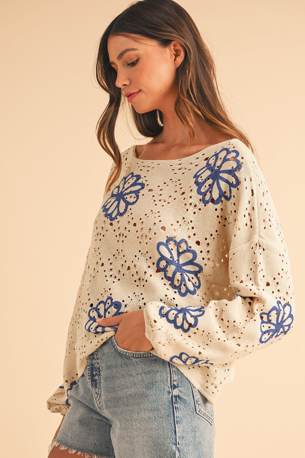 Beige Flower Print Drop Shoulder Hollow Knit Sweater Knit Tops 407d81f33ff0808b