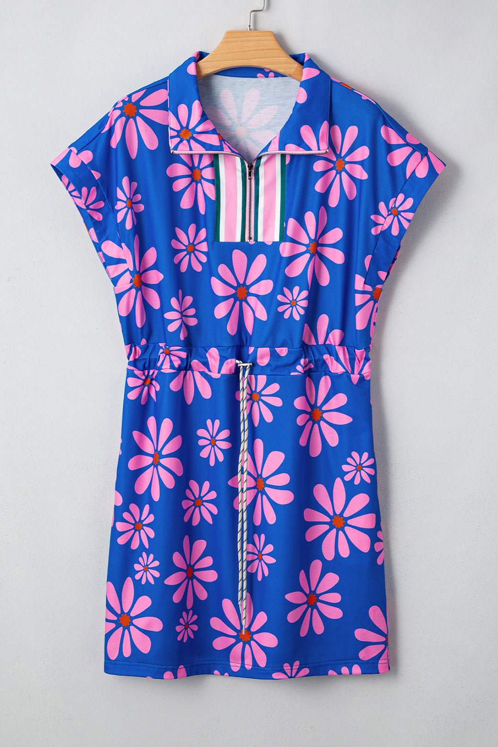 Purple Pop of Color Quarter Zip Collar Drawstring Waist Floral Mini Dress Short Dresses 408de9c7f5359f01