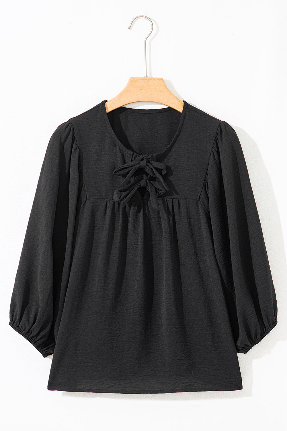 Black Bow Tie Neck 3/4 Sleeve Casual Blouse Blouses 40e830217824cd4c