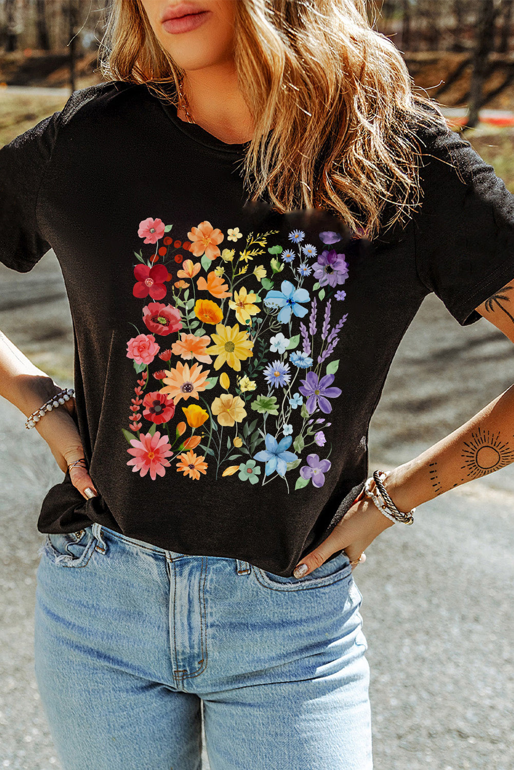 Black Flower Heat Transfer Printing Cotton Blend Casual Tee Graphic Tees 4103087a4349eb49
