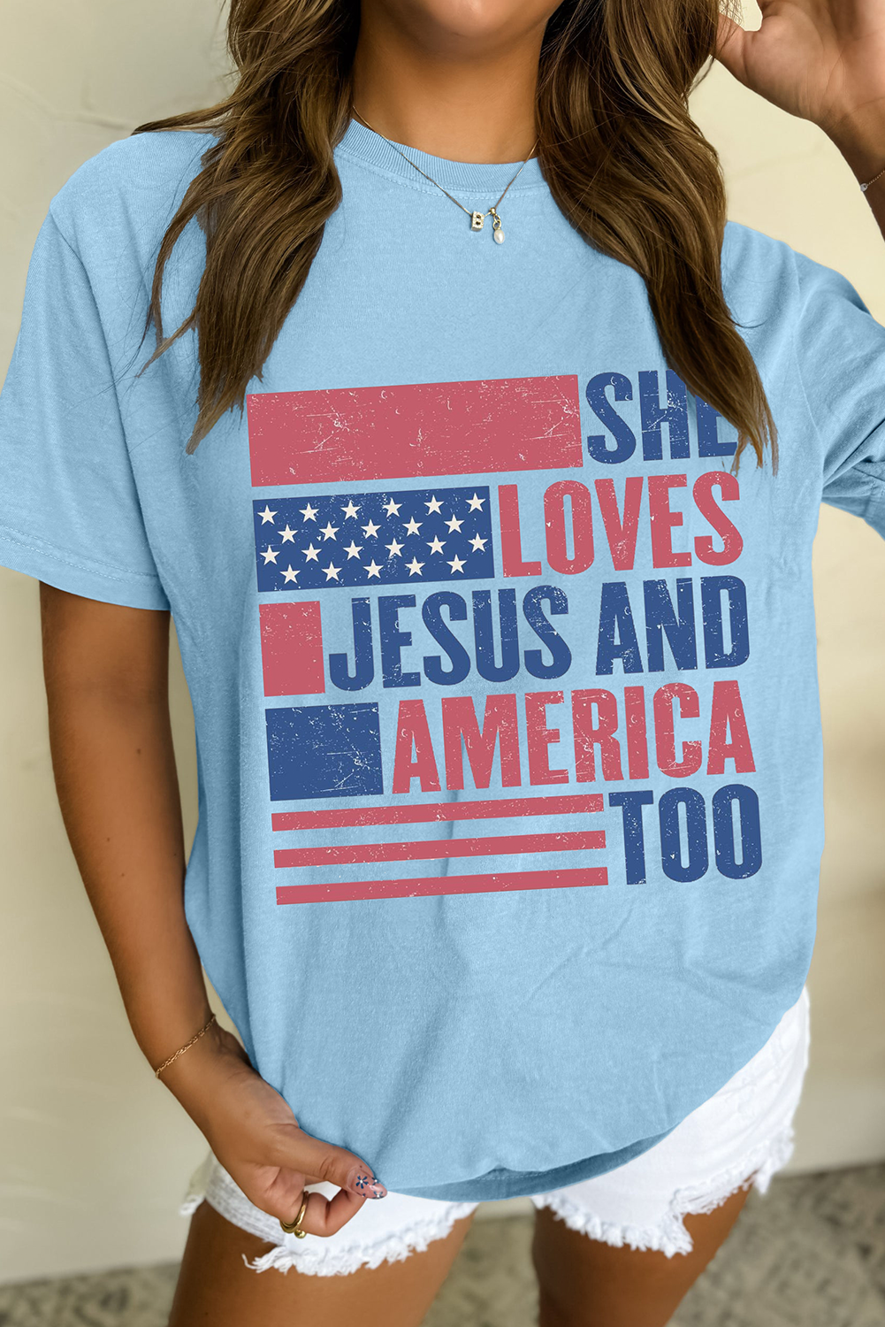 Light Blue SHE LOVES JESUS AND AMERICA TOO Heat Transfer Printing Patriotic T Shirt Graphic Tees 4108024733c4f3ab