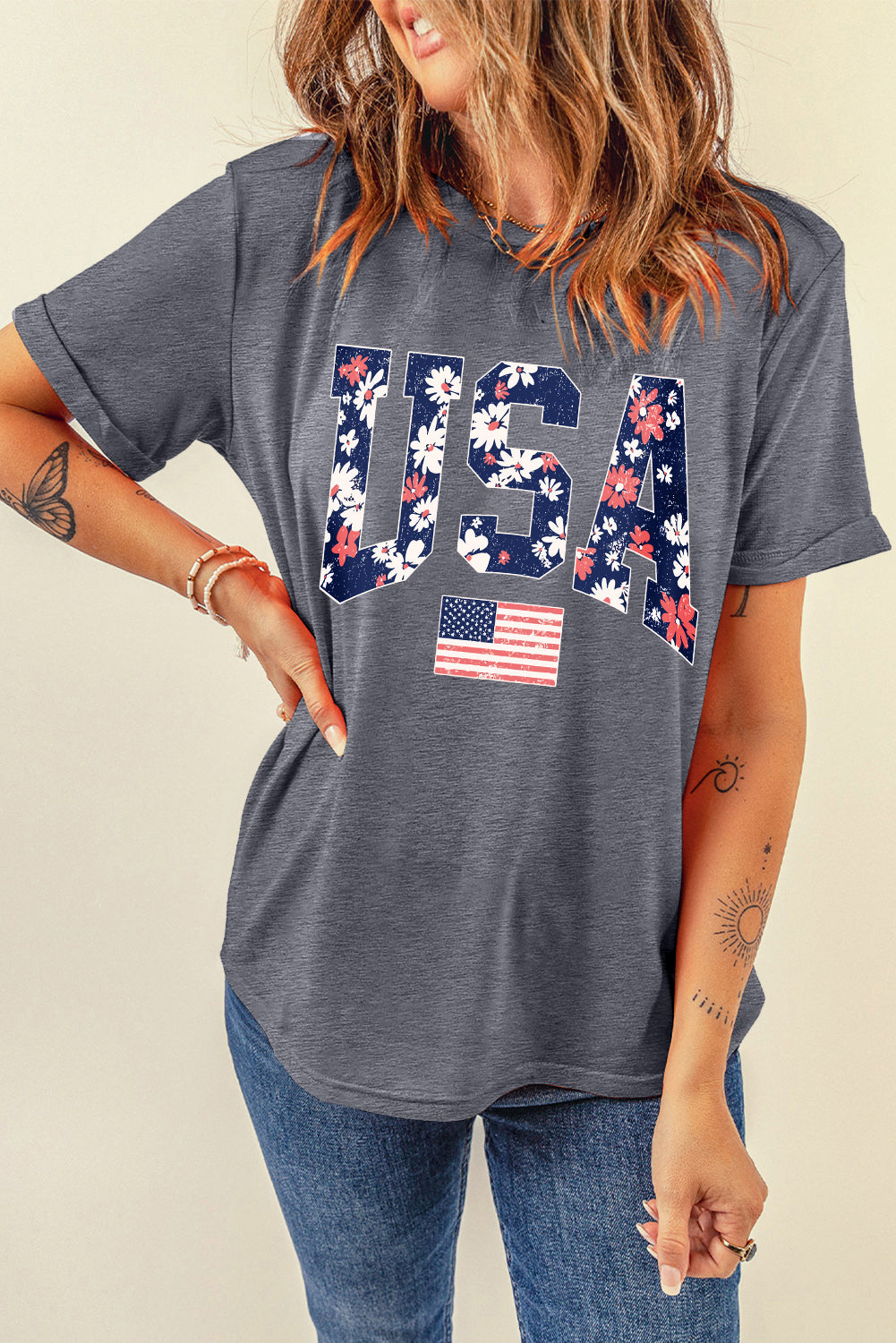 Gray Floral USA Flag Graphic Roll Up Sleeve Tee Graphic Tees 410e2a298d08f053