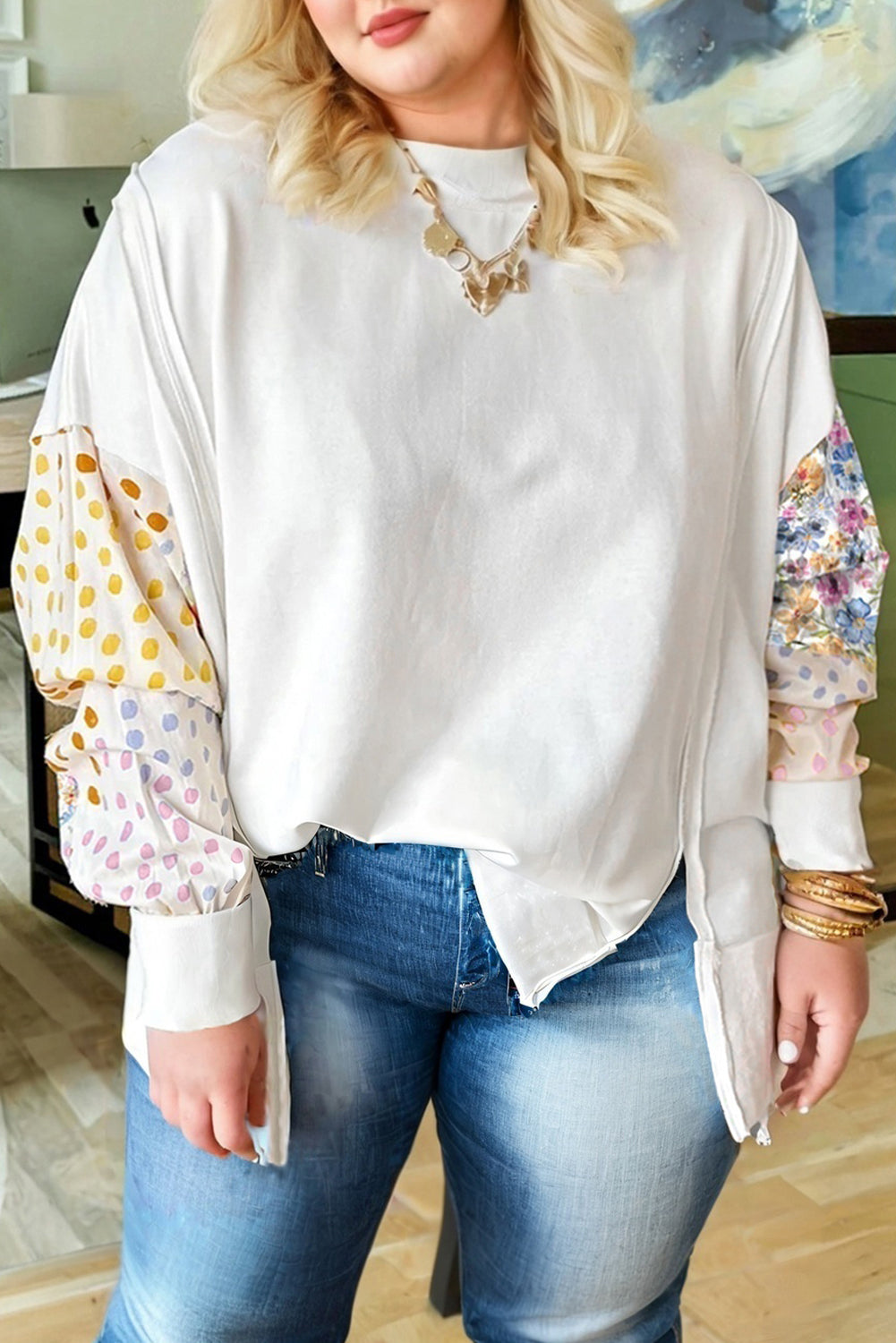 White Plus Size Exposed Seam Detail Contrast Dot Floral Patchwork Sleeve Sweatshirt Plus Size Tops 41b6cd7f7bff9ff2