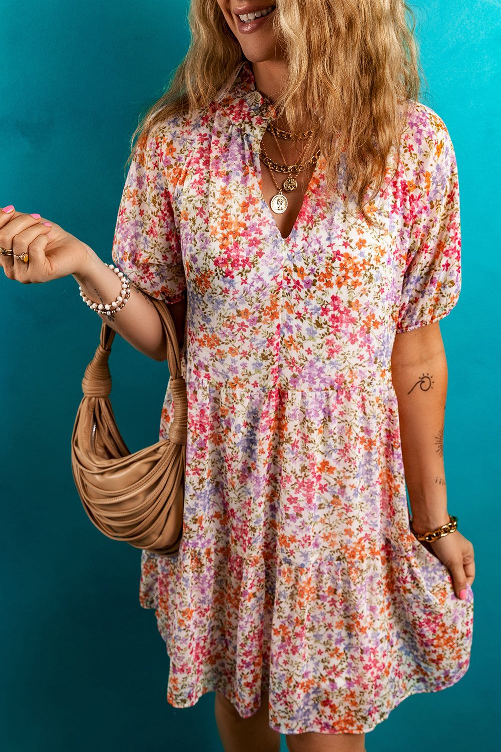 Red Floral Print Notched V Neck Puff Sleeve Tiered Mini Dress Short Dresses 421f5963b0983093