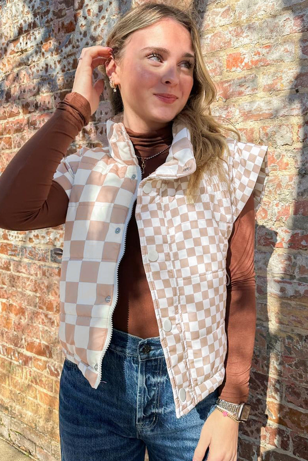 Khaki Plaid Stand Neck Button Down Vest Coats 42462c7e6da5cd6f