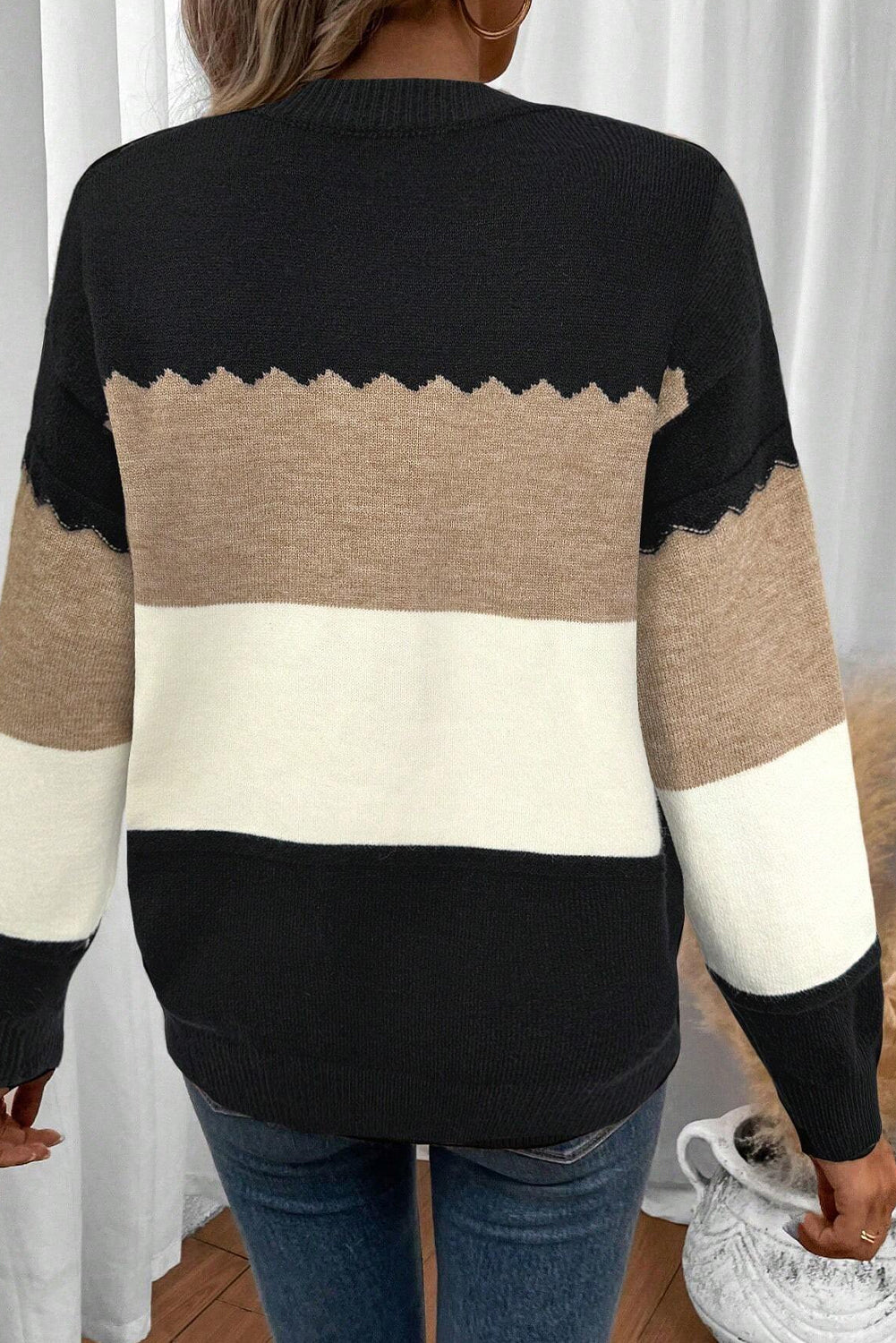 Black Colorblock Crew Neck Drop Shoulder Sweater Sweaters 426e5fe7eae06385