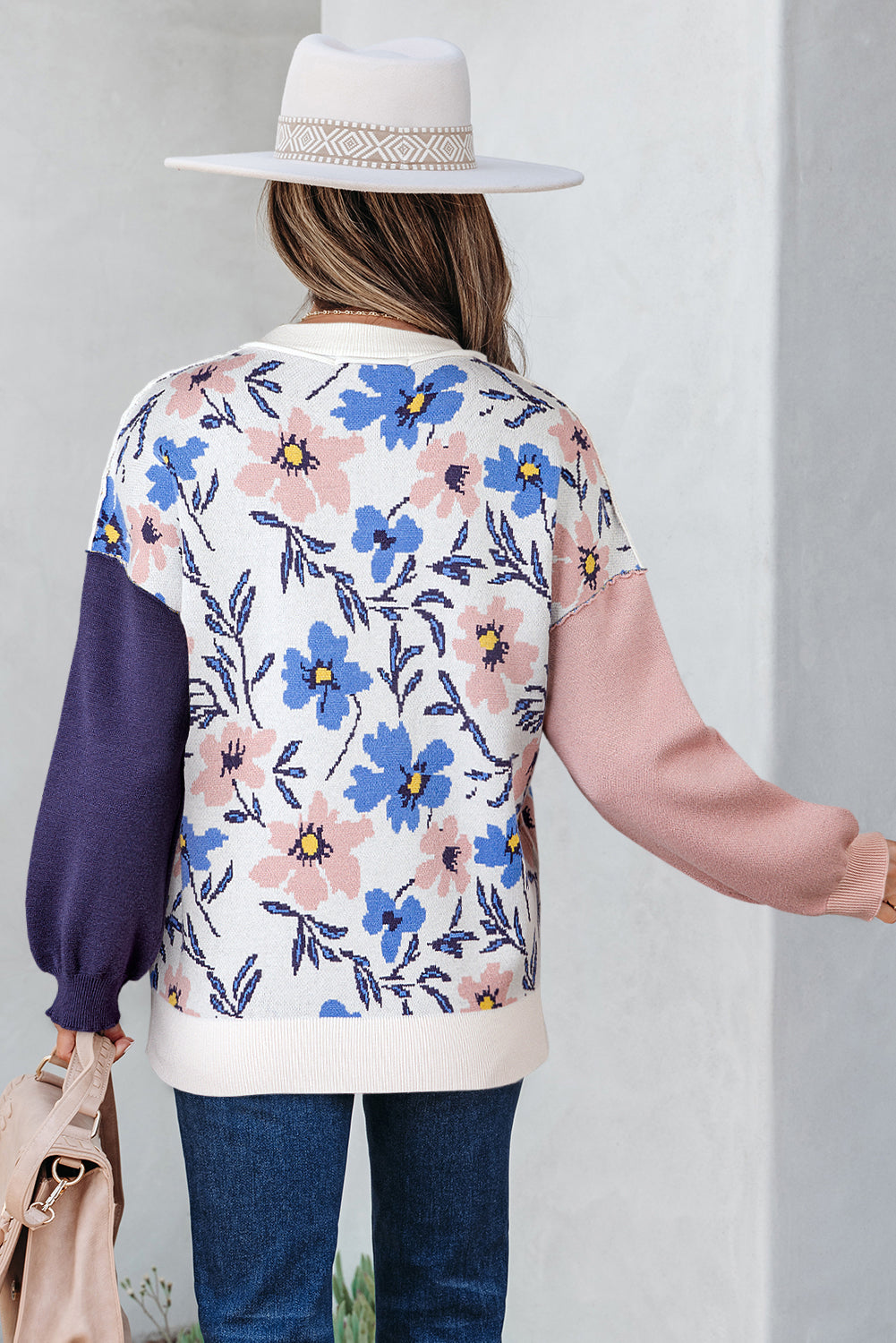 Khaki Vibrant Floral Contrast Colorblock Sleeve Pullover Sweater Sweaters 42c01050391a49e5