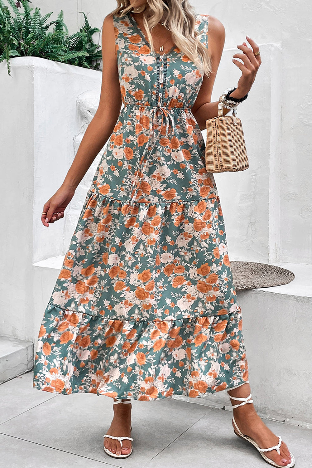 Green Floral Print Trimmed V Neck Sleeveless Vacation Dress Midi Dresses 42fda824faf15d59