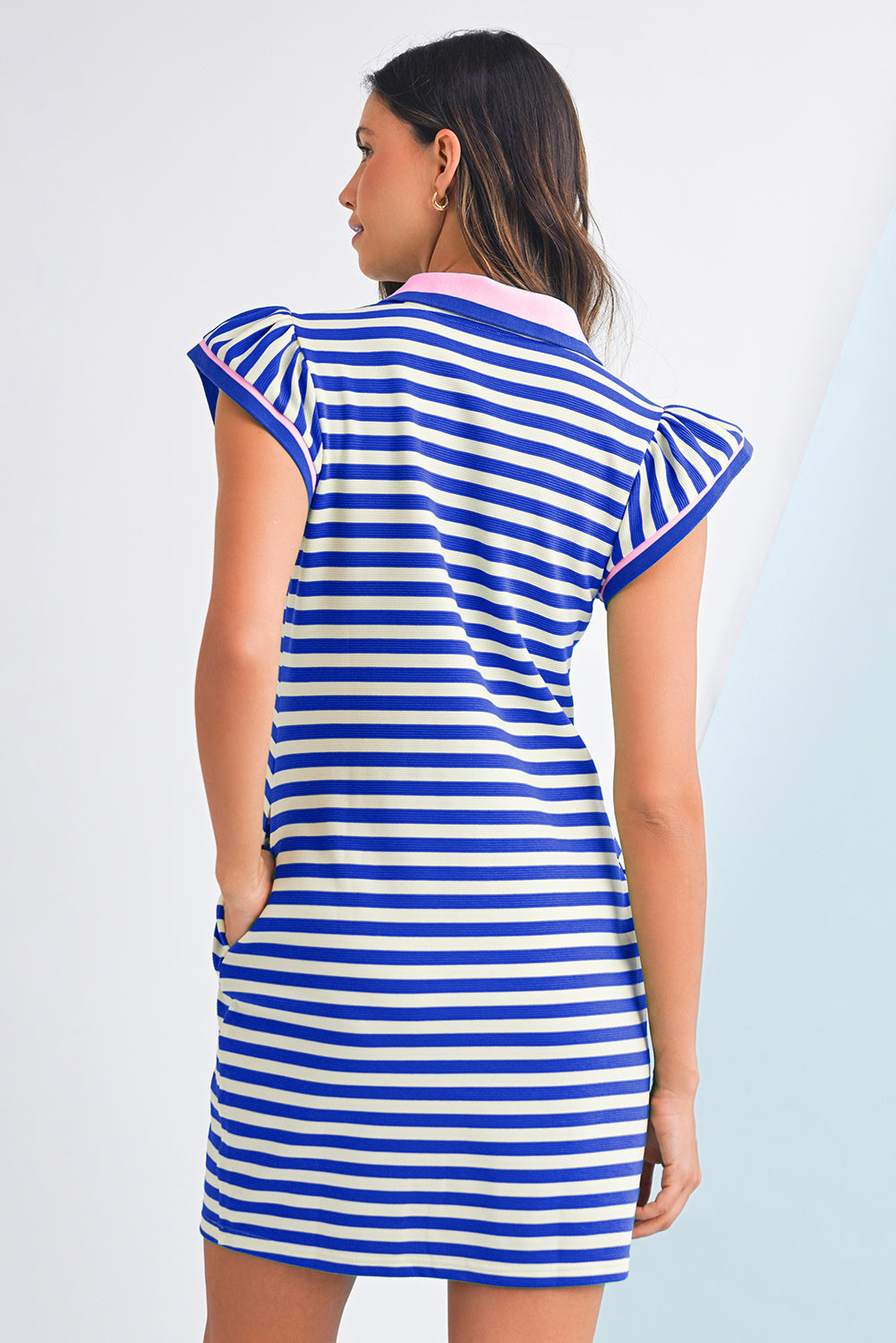 Dark Blue Striped Ruffle Short Sleeve Pop of Color Neckline Dress Short Dresses 430f6901afa555f3