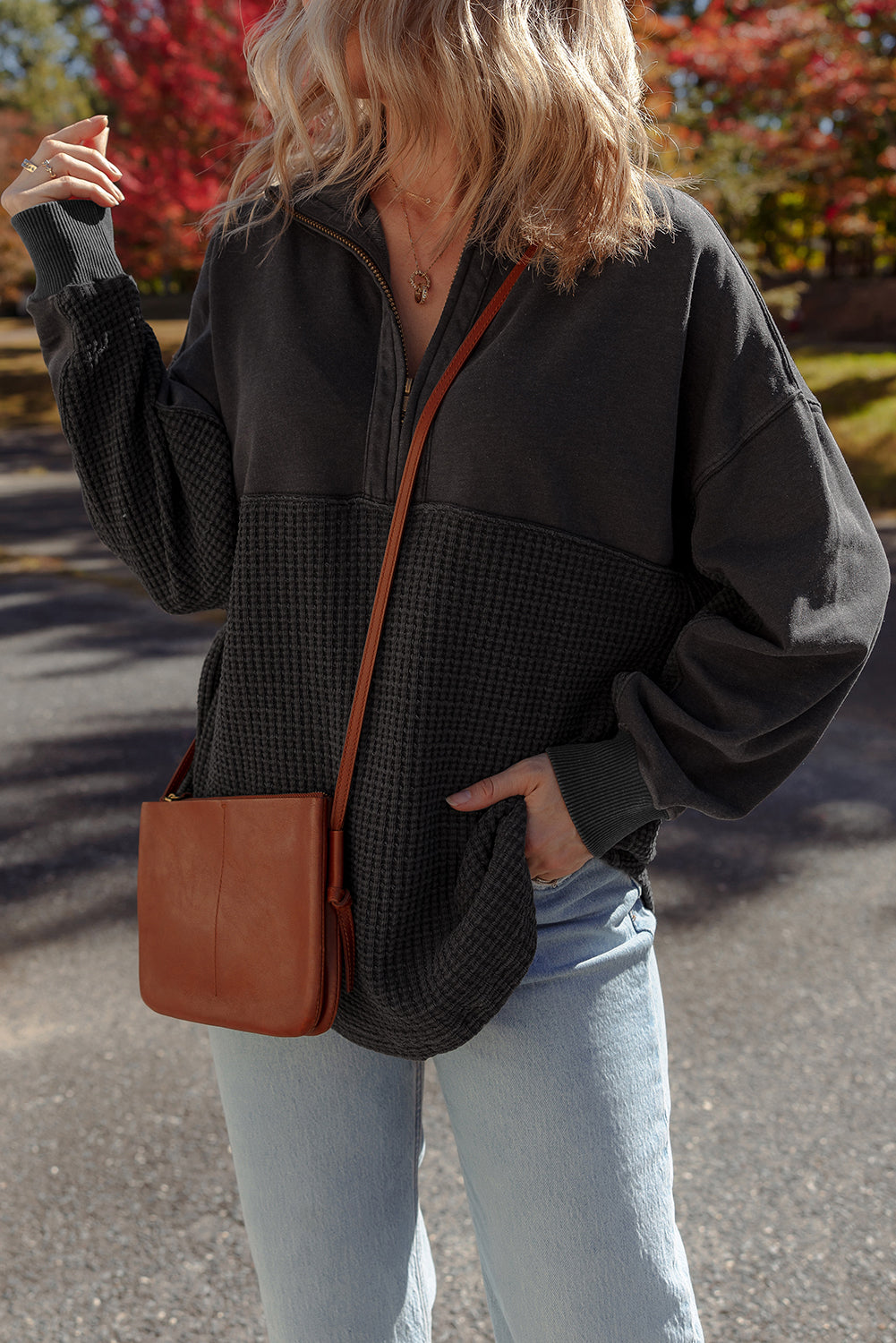 Carbon Grey Waffle Knit Patchwork Half Zipped Casual Sweatshirt Sweatshirts & Hoodies 434662163a824b4a