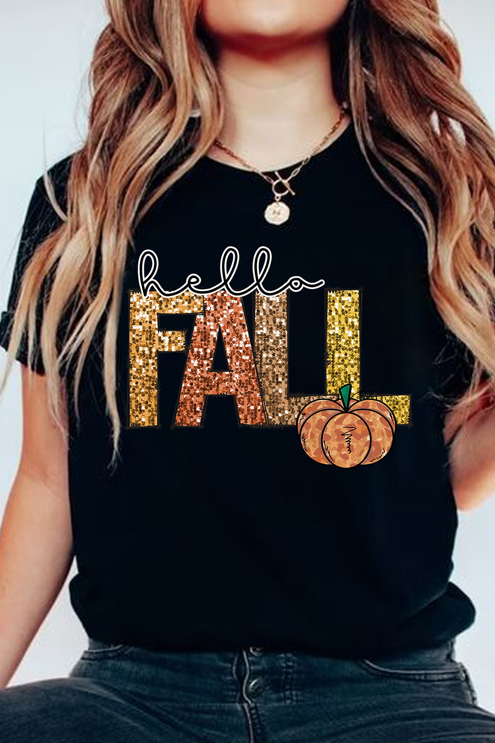 Black Hello Fall Letter Pumpkin Heat Transfer Printing T Shirt Graphic Tees 434d83b2c889d1c5