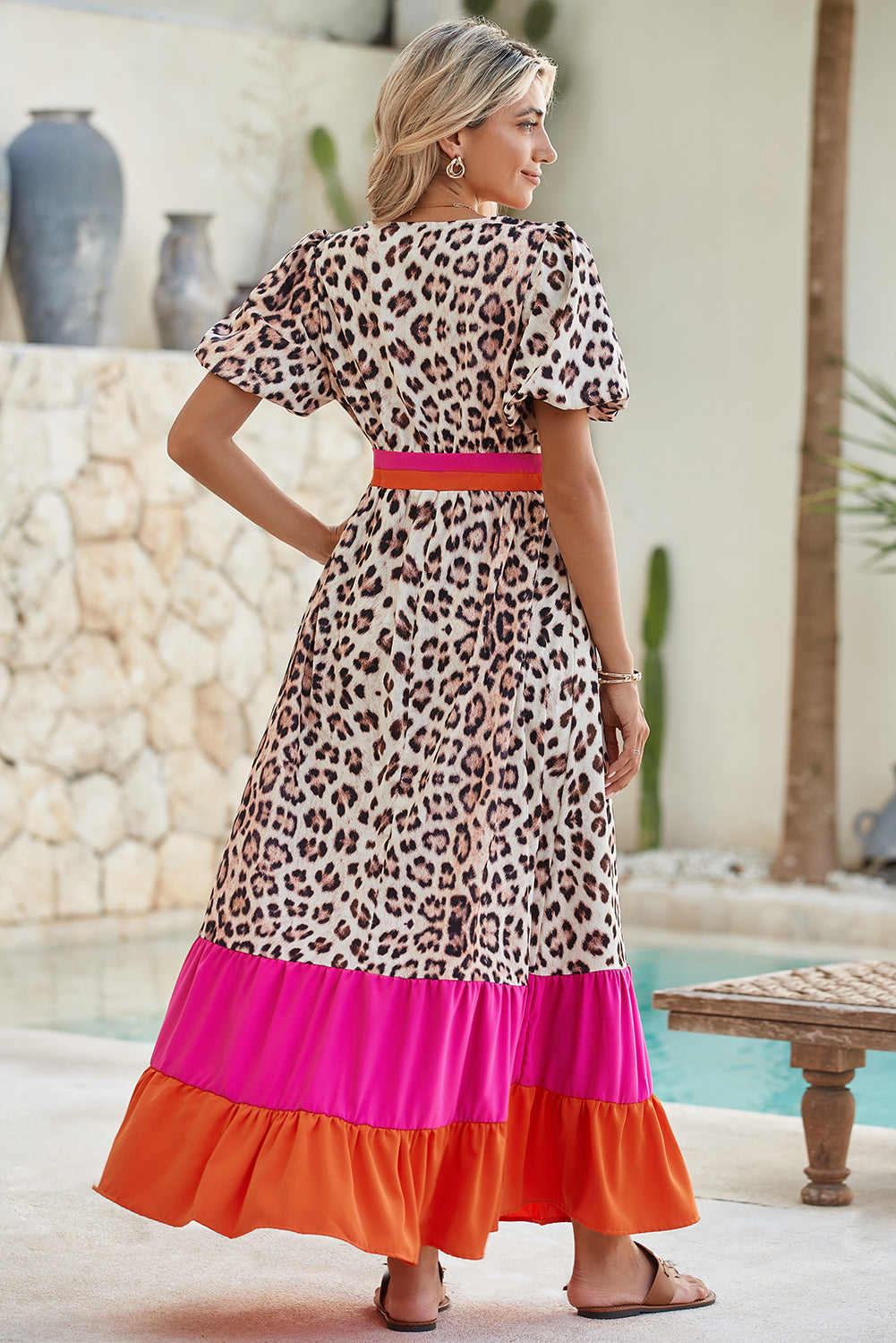 Bright Pink Leopard Print Colorblock Pop of Color Neckline Dress Maxi Dresses 43710b10dd4d2b93