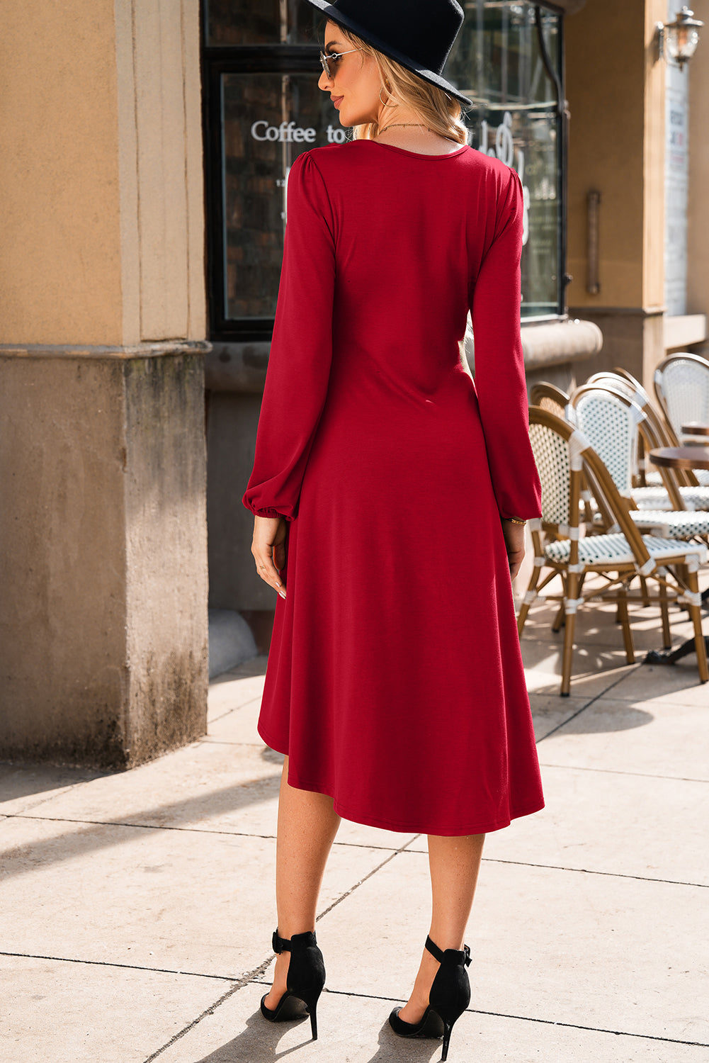 Fiery Red Solid Color Ruched Detail Long Sleeve Midi Dress Midi Dresses 43a8a58e2290cbcb