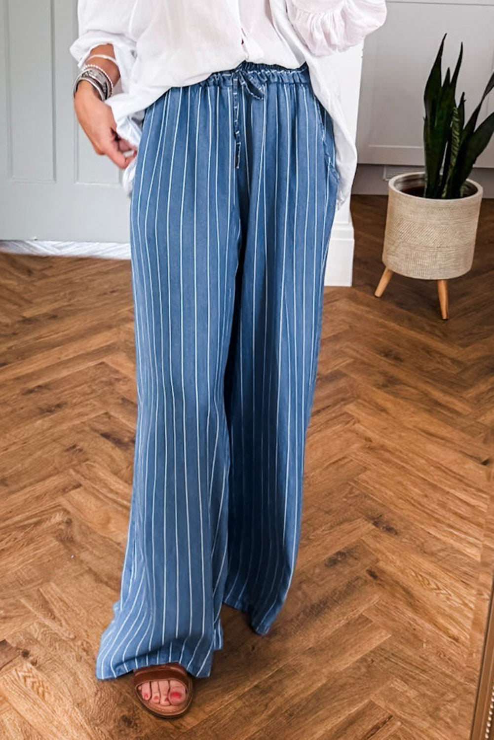 Sky Blue Stripe Chambray Wide Leg Tied Elastic Waist Trousers Pants 43d9fb24cc3ab66c