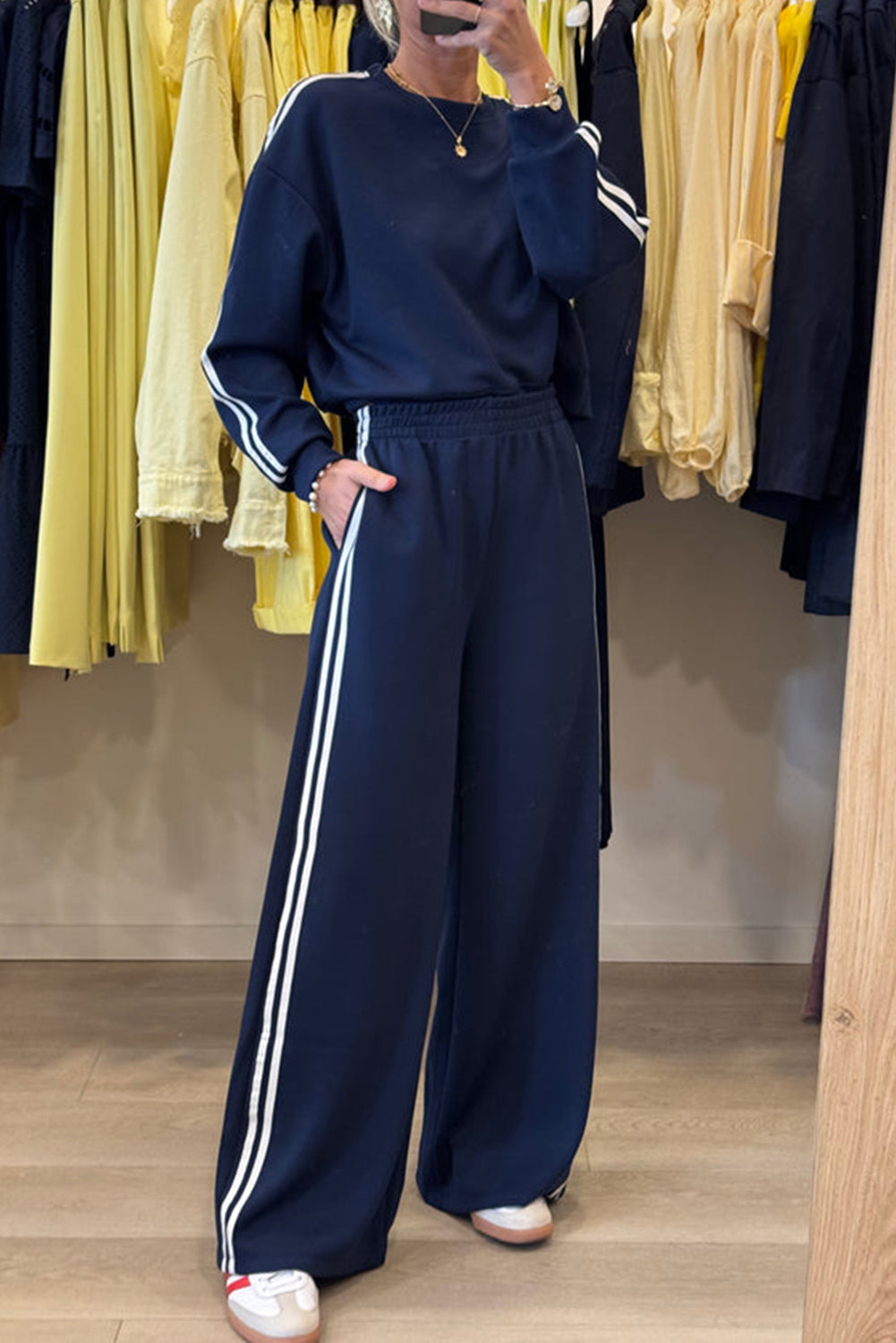 Dirty Blue Varsity Striped Detail Cropped Pullover Wide Leg Pants 2pcs Outfit Two Piece Pants Sets 43f697a7dfde23f3