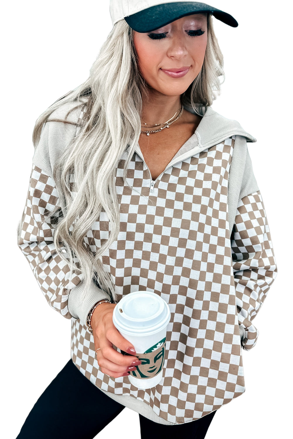 Khaki Checkered Print Quarter Zip Ribbed Patchwork Loose Sweatshirt Sweatshirts & Hoodies 4457d4c5bd155c7f