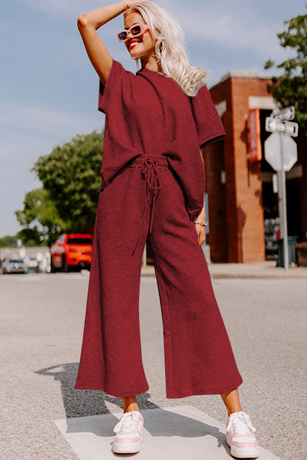 Red Dahlia Textured Loose Fit T Shirt & Drawstring Pants Set Two Piece Pants Sets 45102d88512e08ce