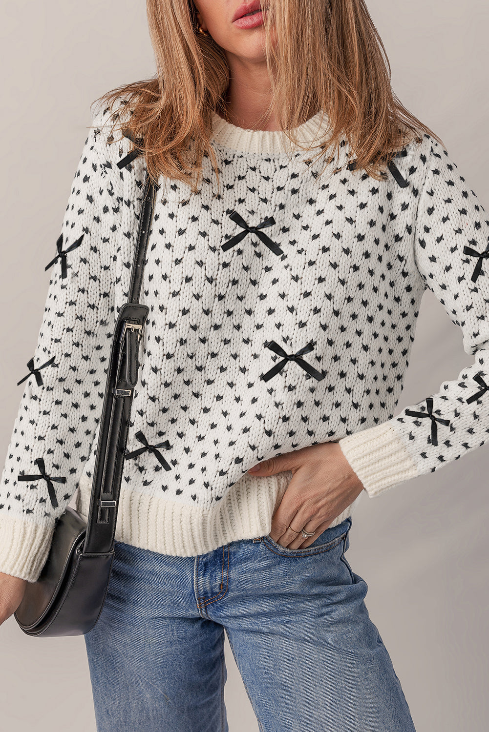 Beige Bow Decor Color Contrast Ribbed Edge Crew Neck Sweater Sweaters 45330d778e596738