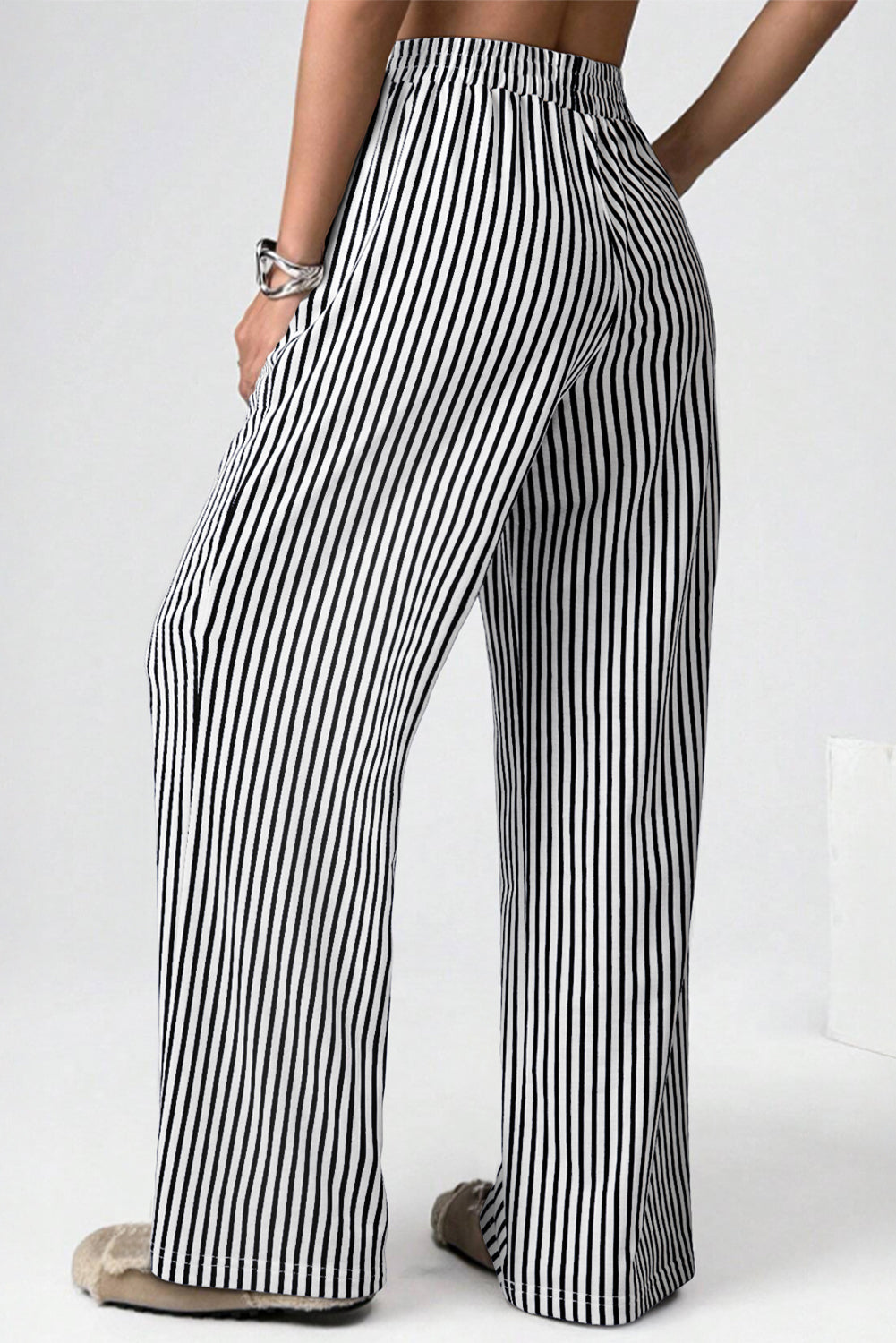 Brown Striped Elastic Waistband Pocketed Loose Pants Pants 453cad102a1b8cc8