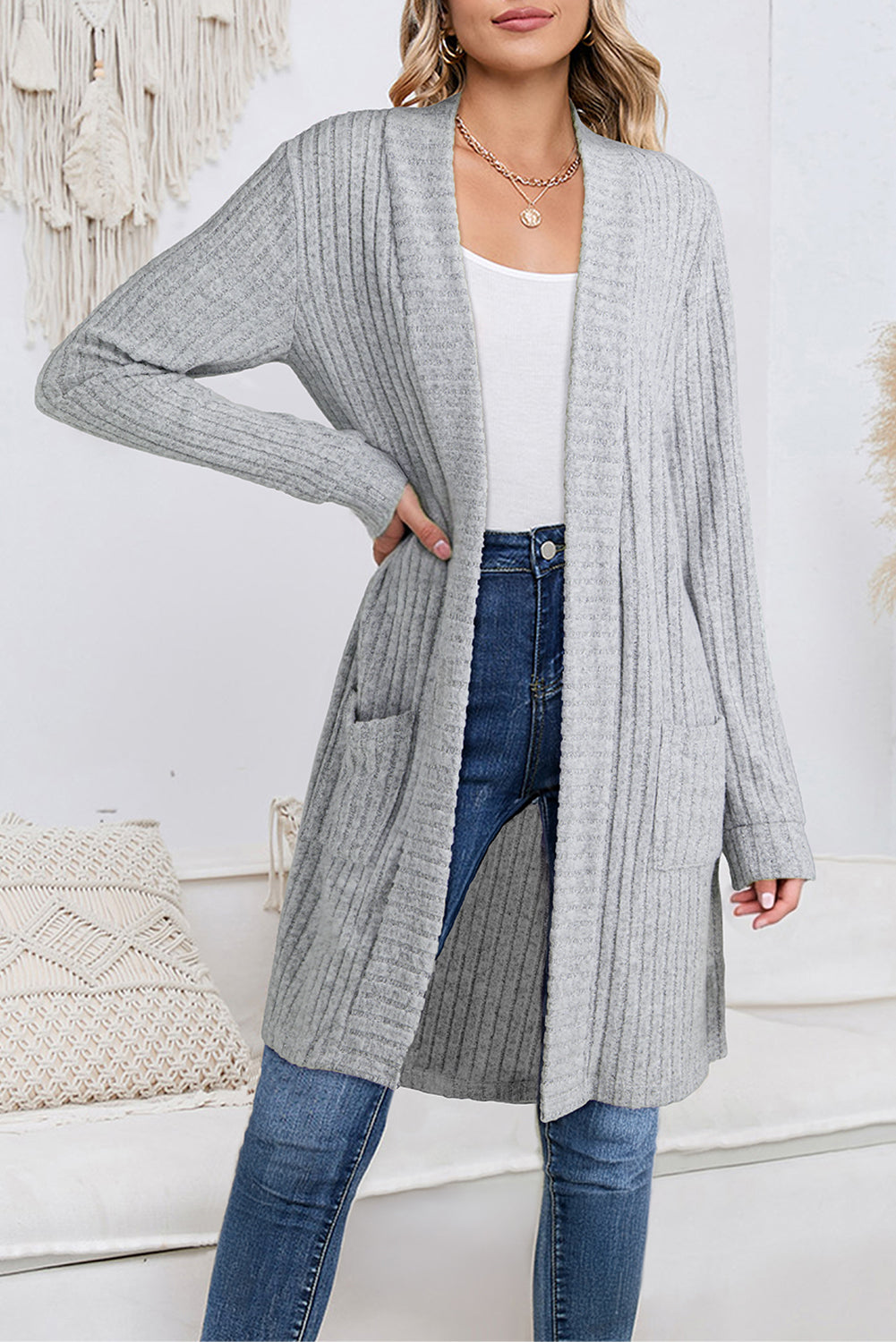 Gray Ribbed Knit Open Front Tunic Cardigan with Pockets Cardigans 4572bd50ed021880
