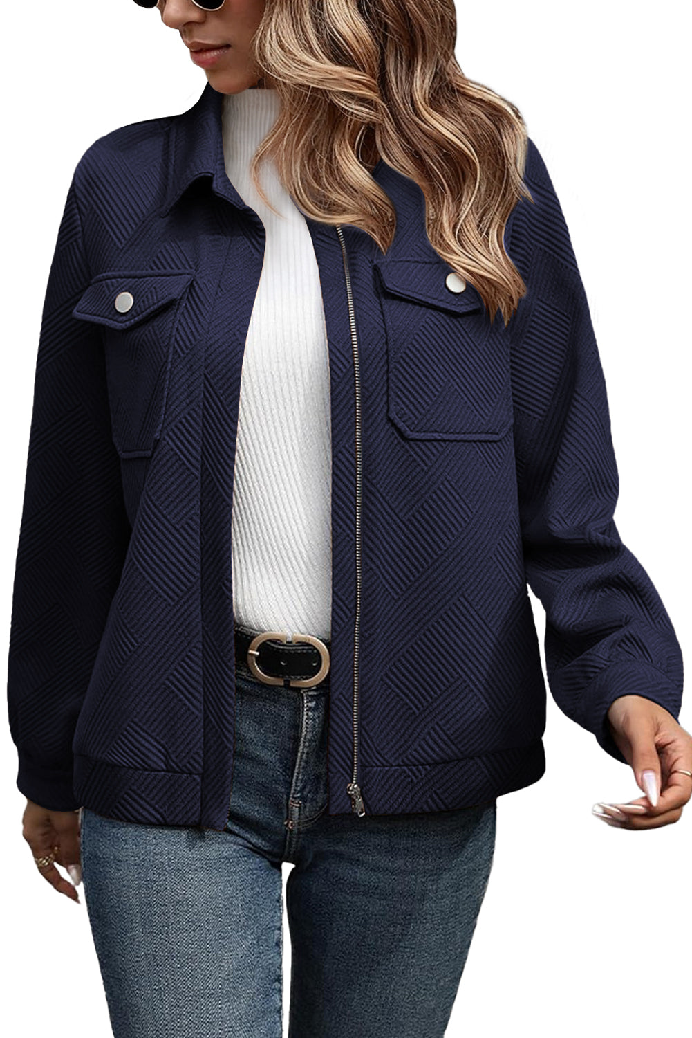 Navy Blue Solid Color Zip Up Button Flap Pocket Shirt Collar Jackets Jackets 45828ea63d41cae1