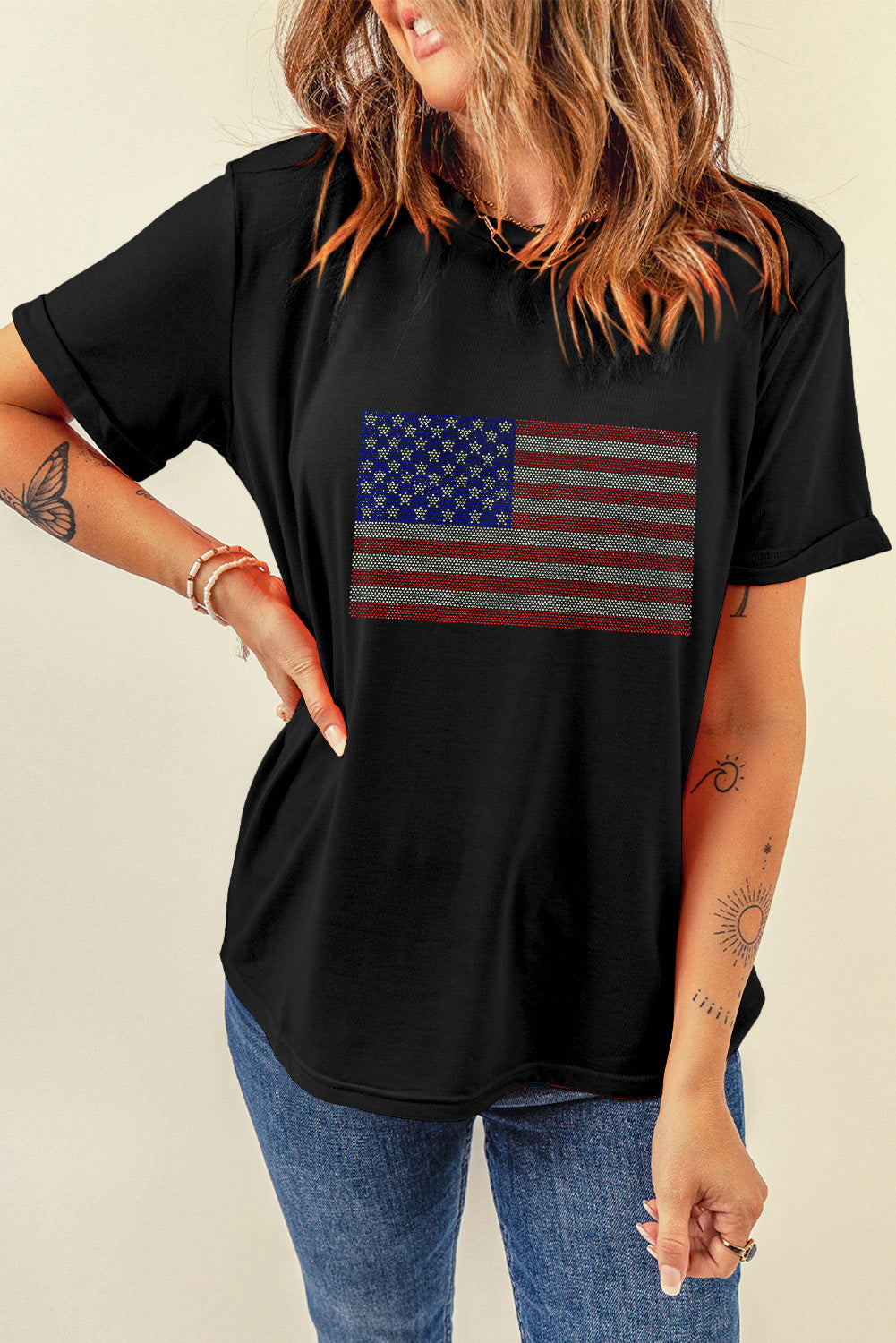 Black Rhinestone American Flag Graphic Round Neck Tee Graphic Tees 45d3d8d45c7bd4cf