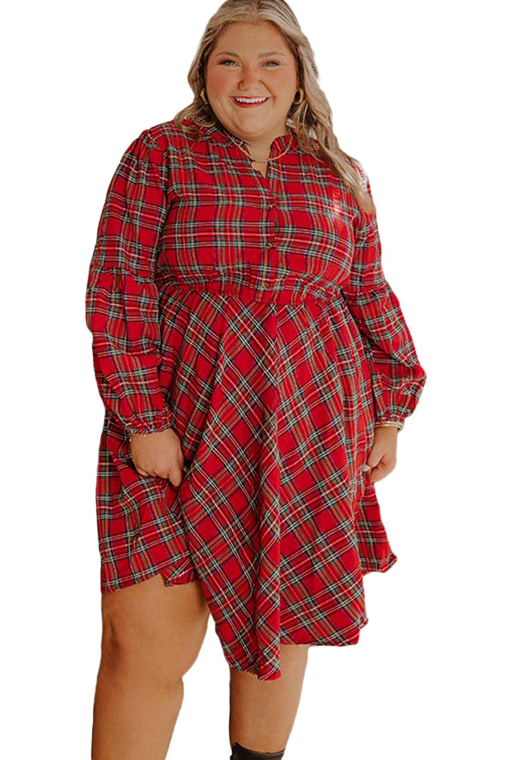 Red Plaid Half Button Long Sleeve Holiday Plus Size Dress Plus Size Dresses 45e05cc2fbc4d70d
