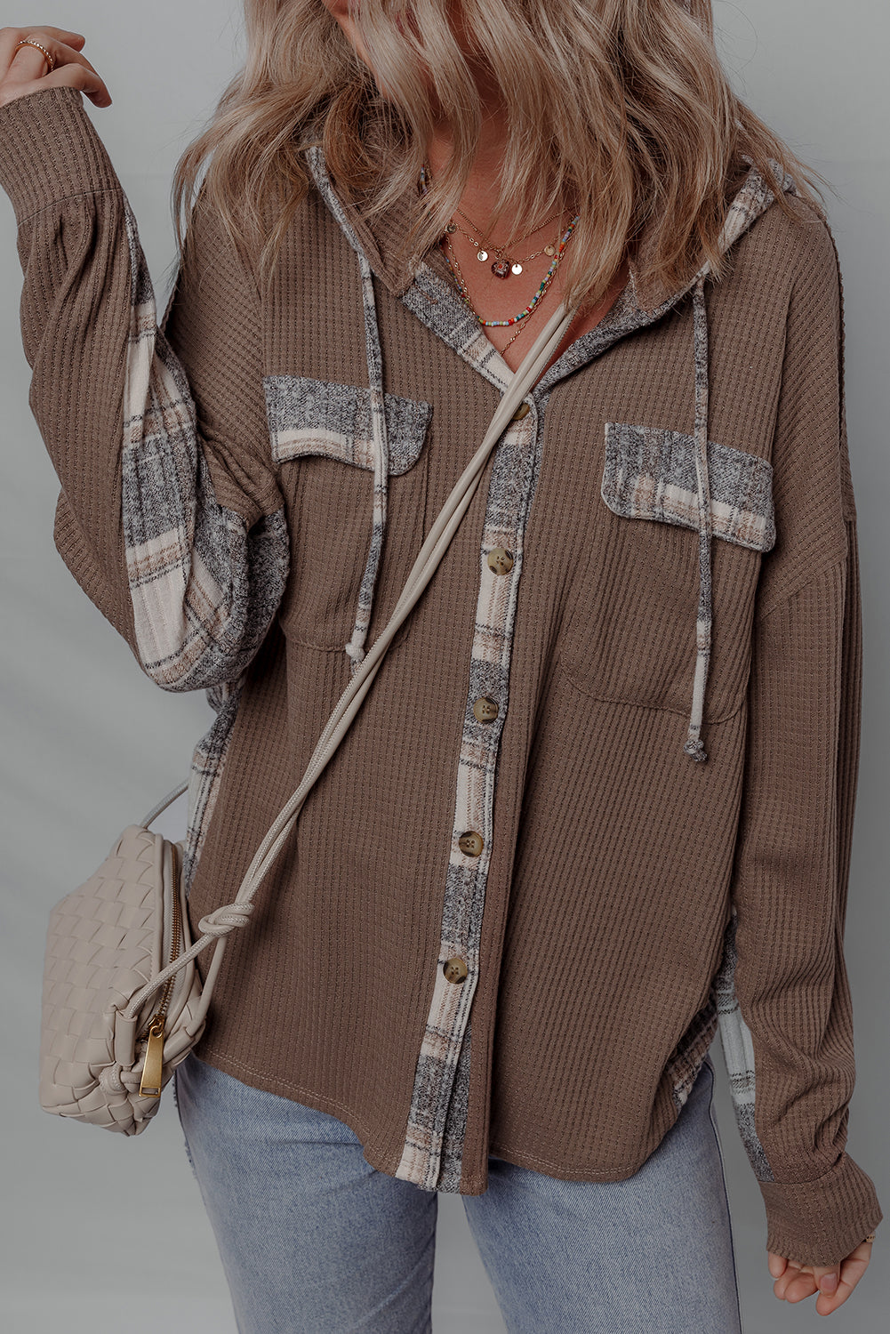 Brown Plaid Patchwork Button Down Drawstring Hooded Shacket Jackets 460165339cda523e