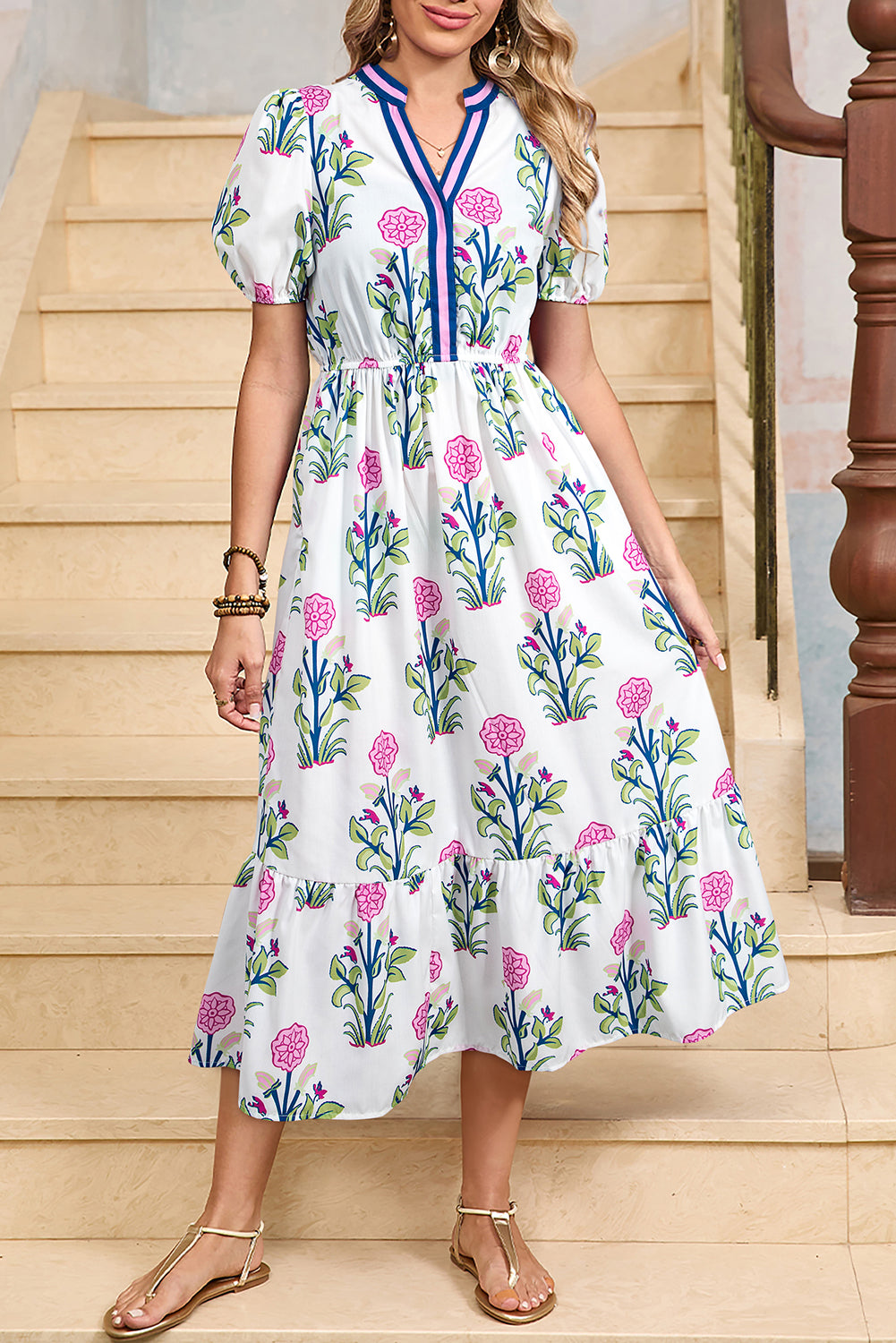 Blue Floral Ruffle Hem Pop of Color Neckline Dress Midi Dresses 4652d63b7f635276