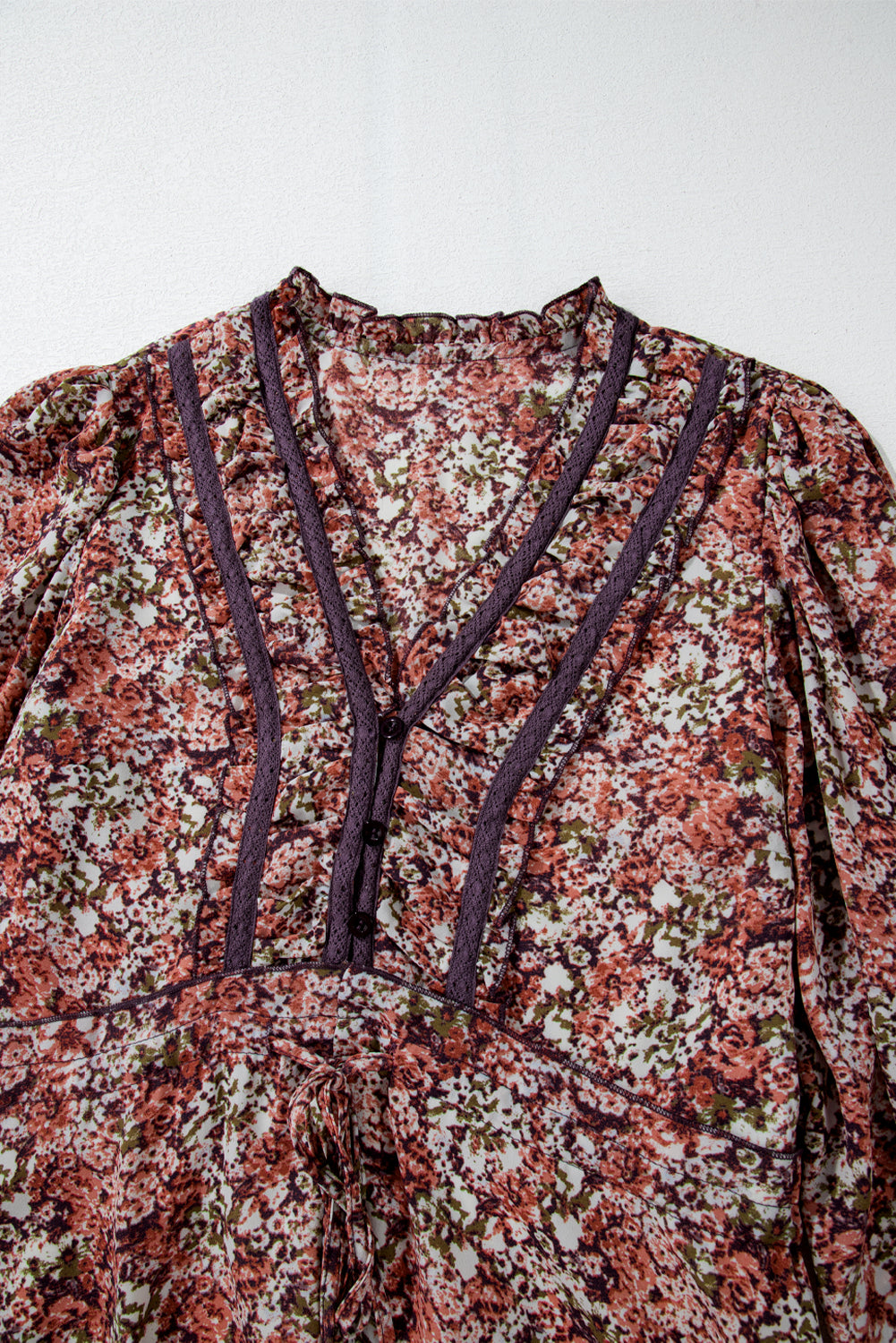 Brown Floral Print Frill V Neck Split Midi Dress Midi Dresses 466ef87aed363b35